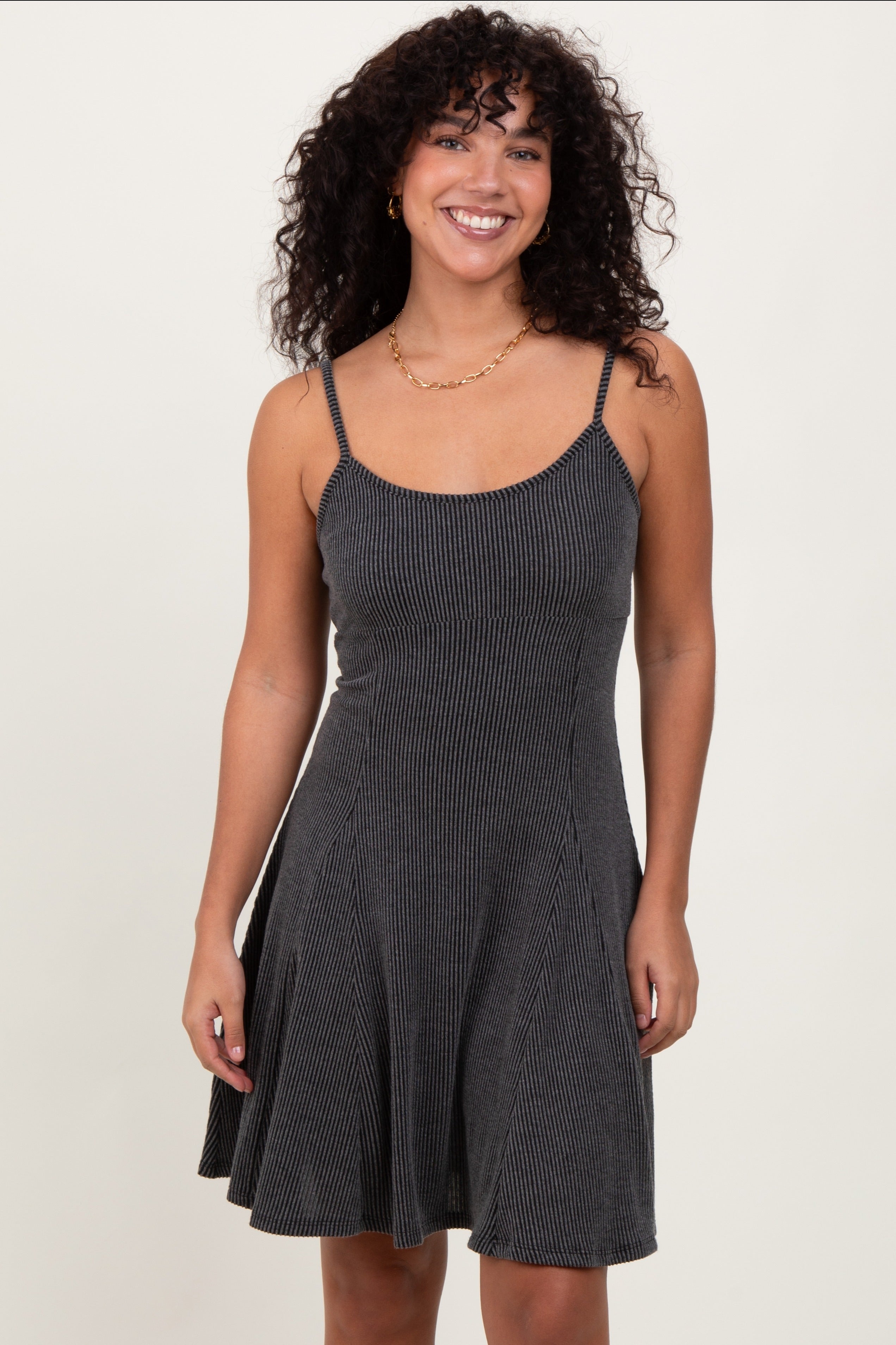 PinkBlush Charcoal Solid Ribbed Knitted Adjustable Strap Sleeveless Mini Dress - Main Product Image