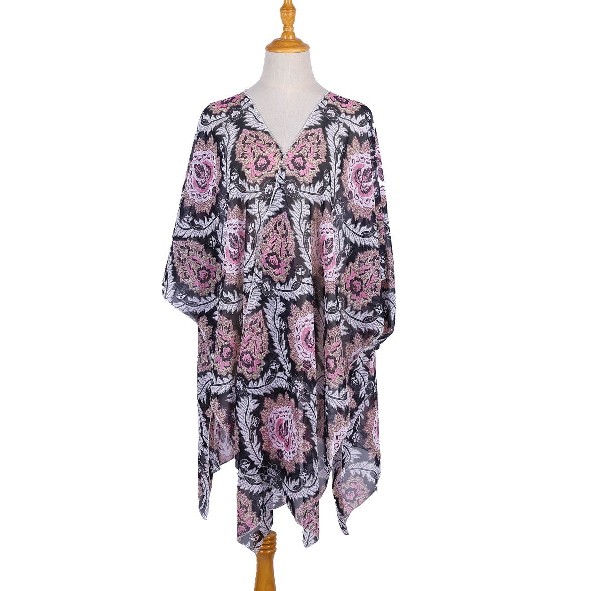 Platform Ethnic Rattan Floral Print Chiffon Sun Protection Cardigan Swimsuit Blouse Bella Mia