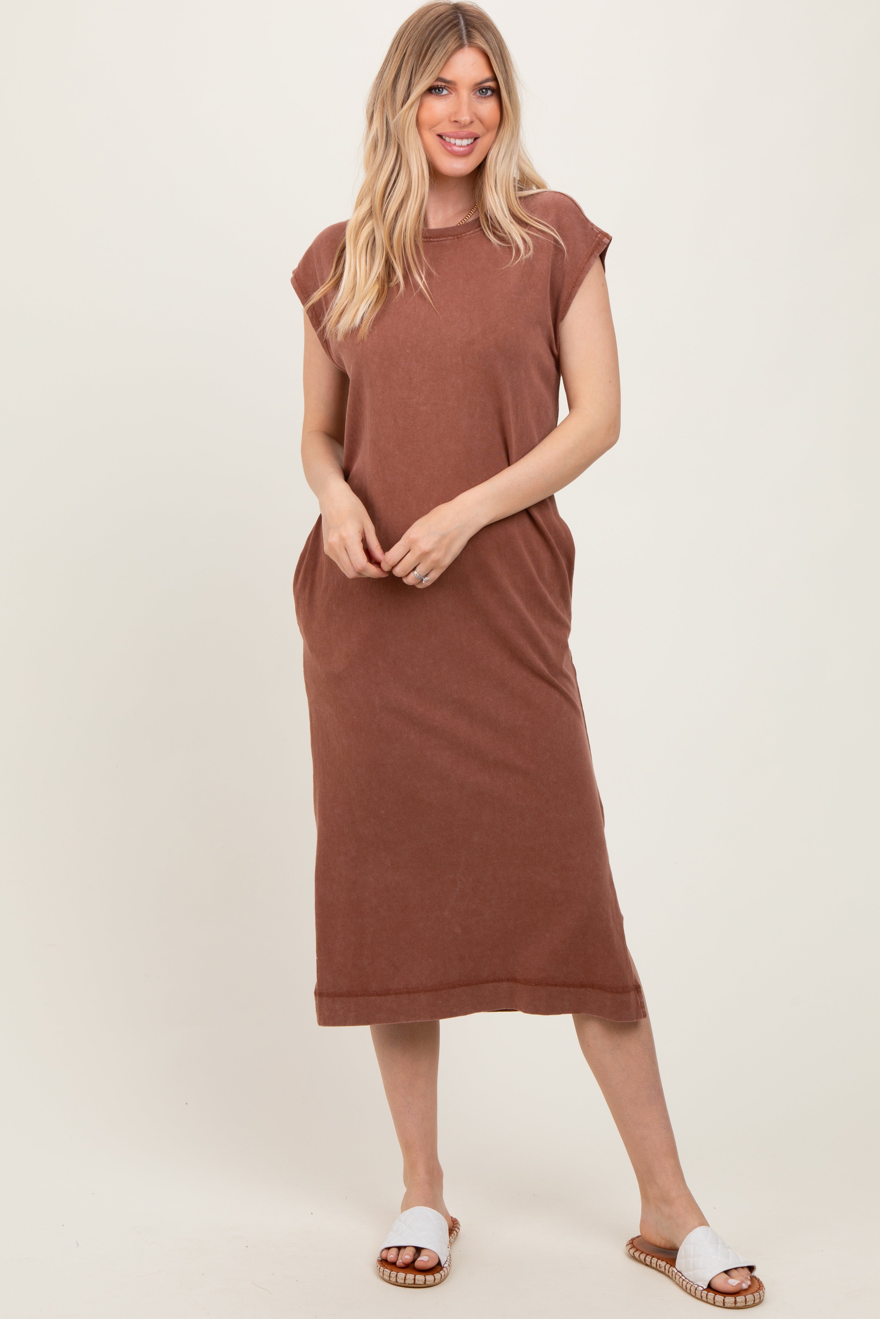 Camel Casual Sleeveless Pocketed Midi Dress PinkBlush