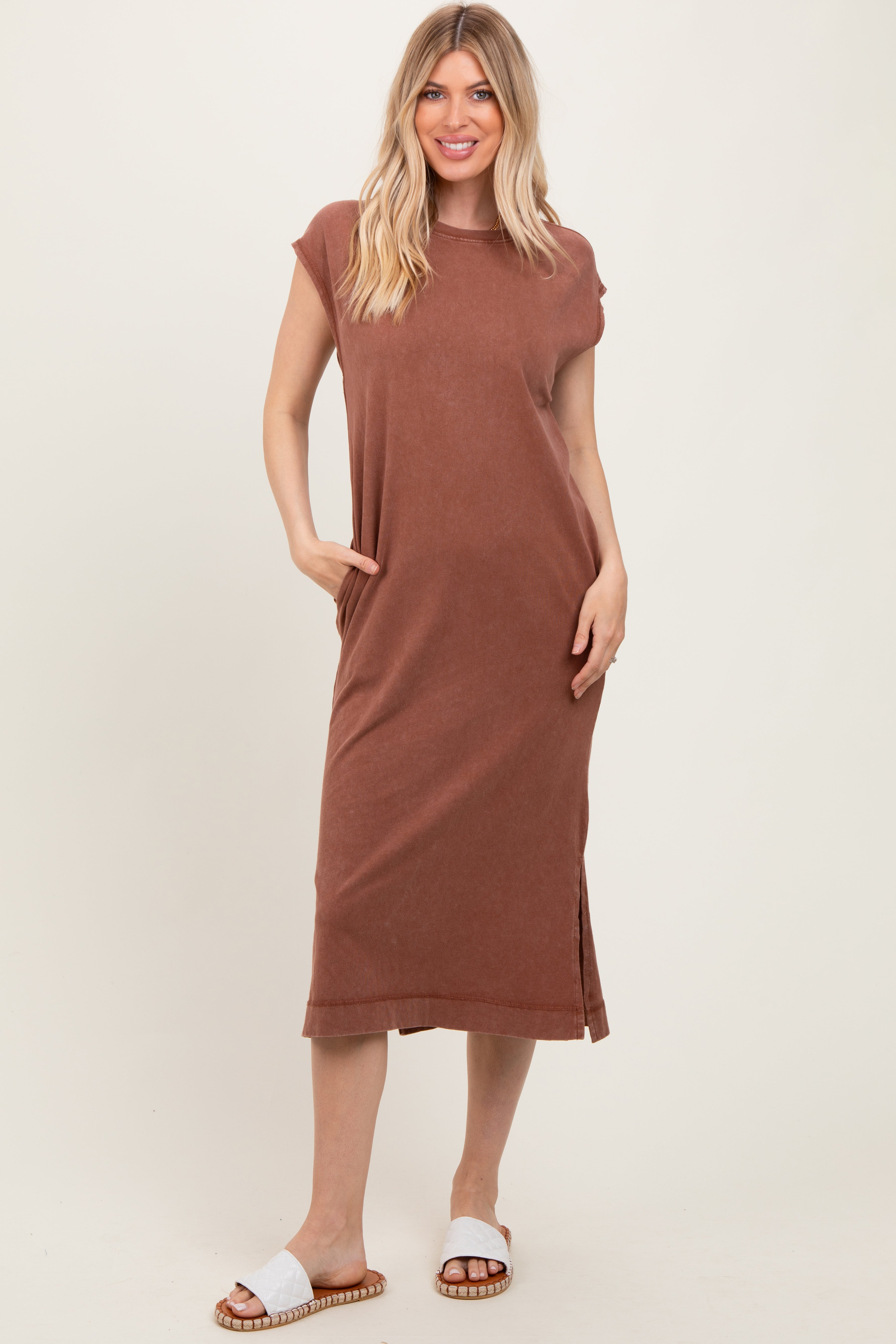 Camel Casual Sleeveless Pocketed Maternity Midi Dress PinkBlush