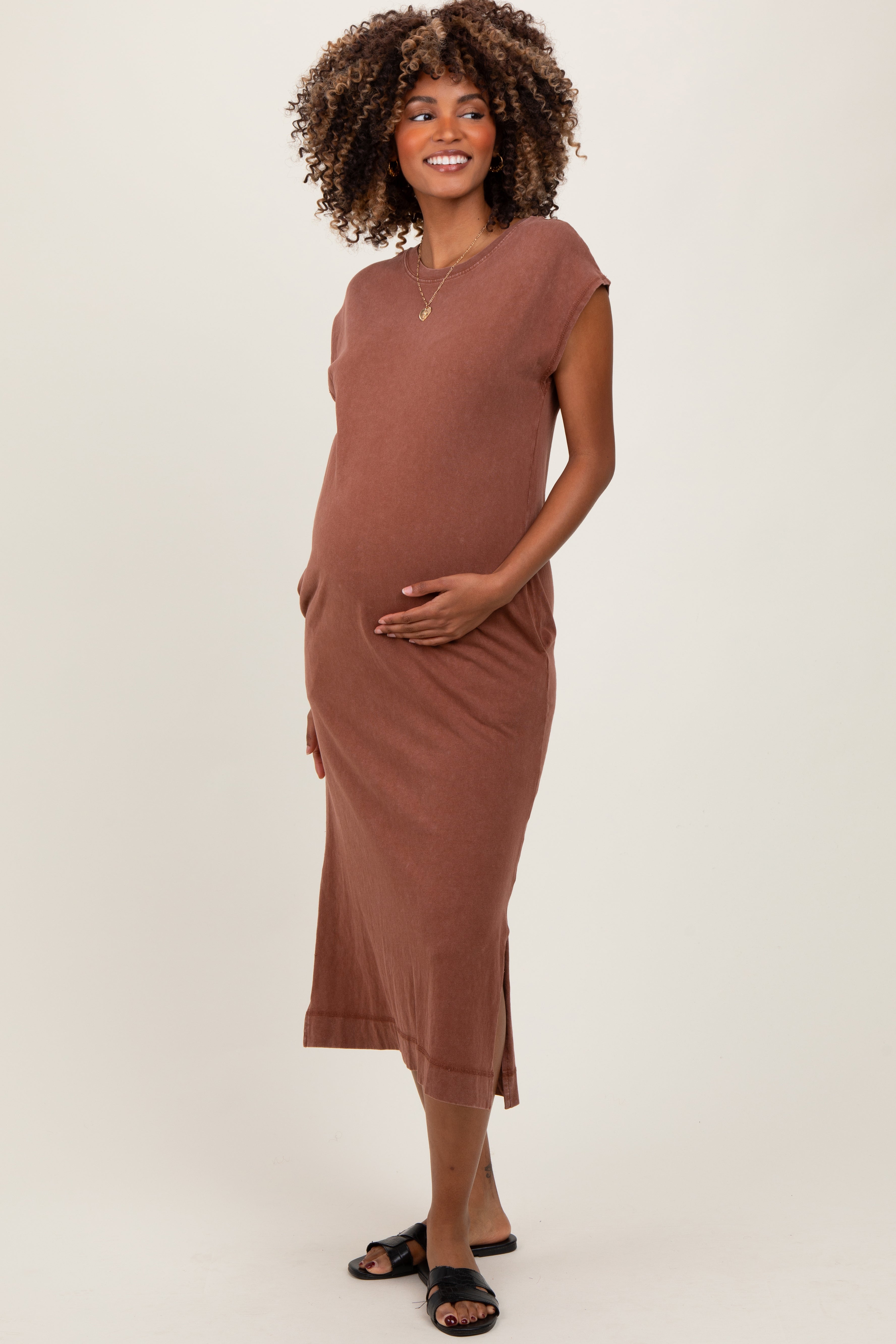 Camel Casual Sleeveless Pocketed Maternity Midi Dress PinkBlush