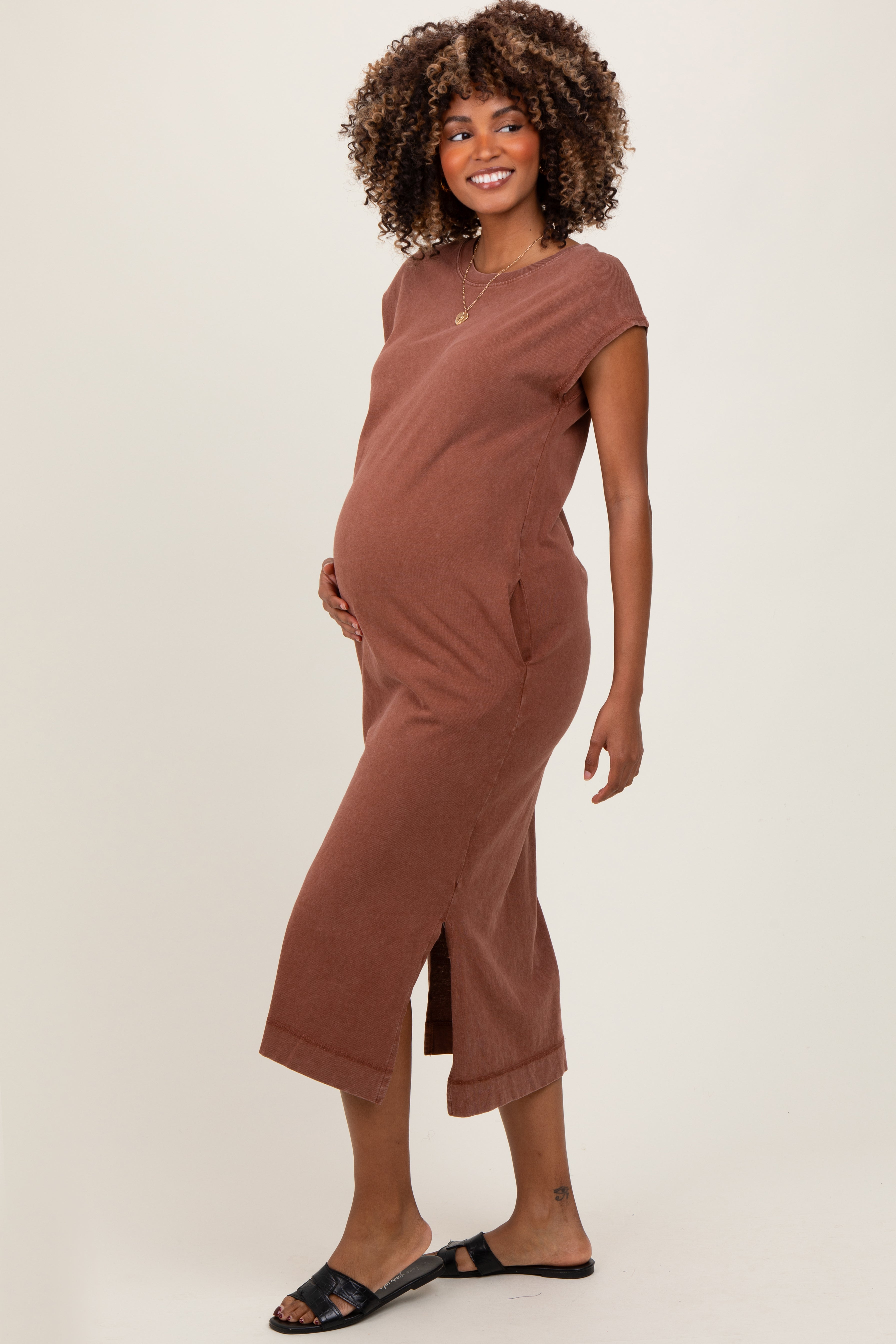Camel Casual Sleeveless Pocketed Maternity Midi Dress PinkBlush
