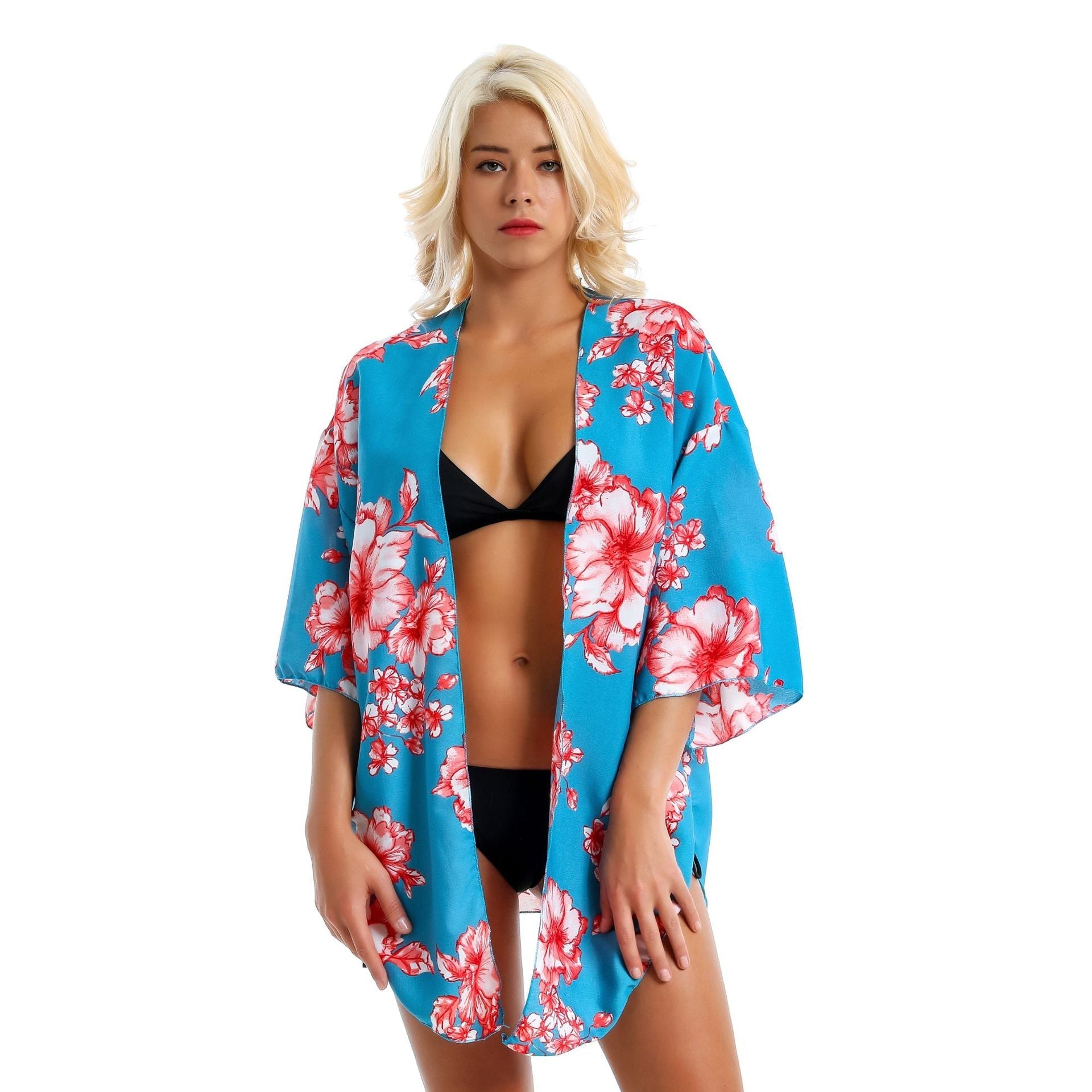 Exclusive for Chiffon Red Printed Short Beach Sun Protection Blouse Swimwear Cover up Bella Mia