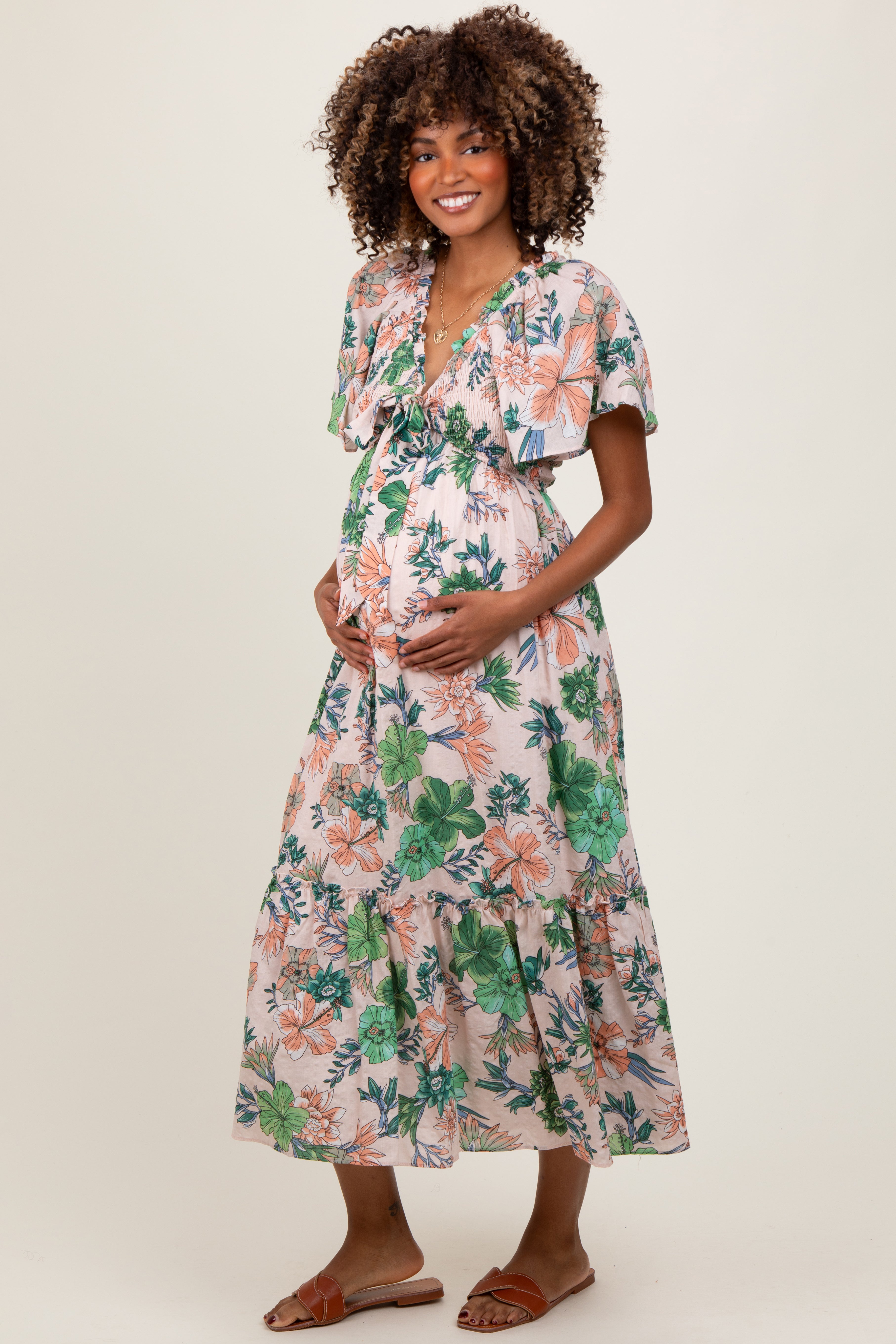 Light Pink Floral Print Woven Maternity Midi Dress PinkBlush