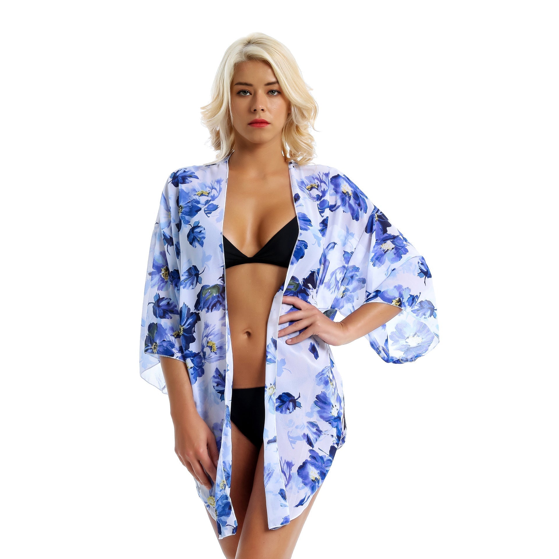 Spring Summer Fresh Blue Floral Light Chiffon Sunshade Beach Cover Up Half Sleeve Cardigan Bella Mia