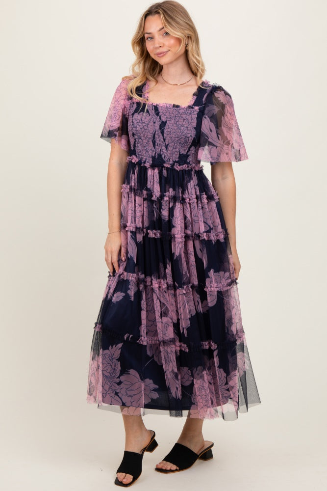 Navy Smocked Top Mesh Ruffled Midi Dress PinkBlush