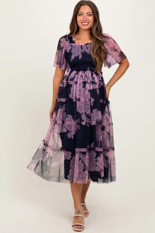 Navy Smocked Top Mesh Ruffled Maternity Midi Dress PinkBlush