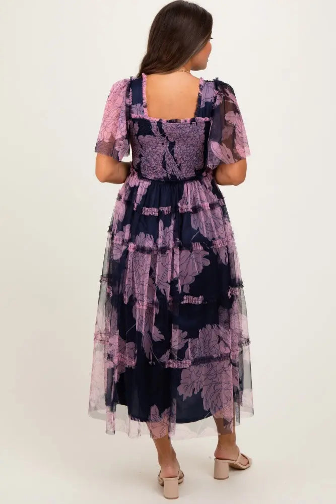 Navy Smocked Top Mesh Ruffled Maternity Midi Dress PinkBlush