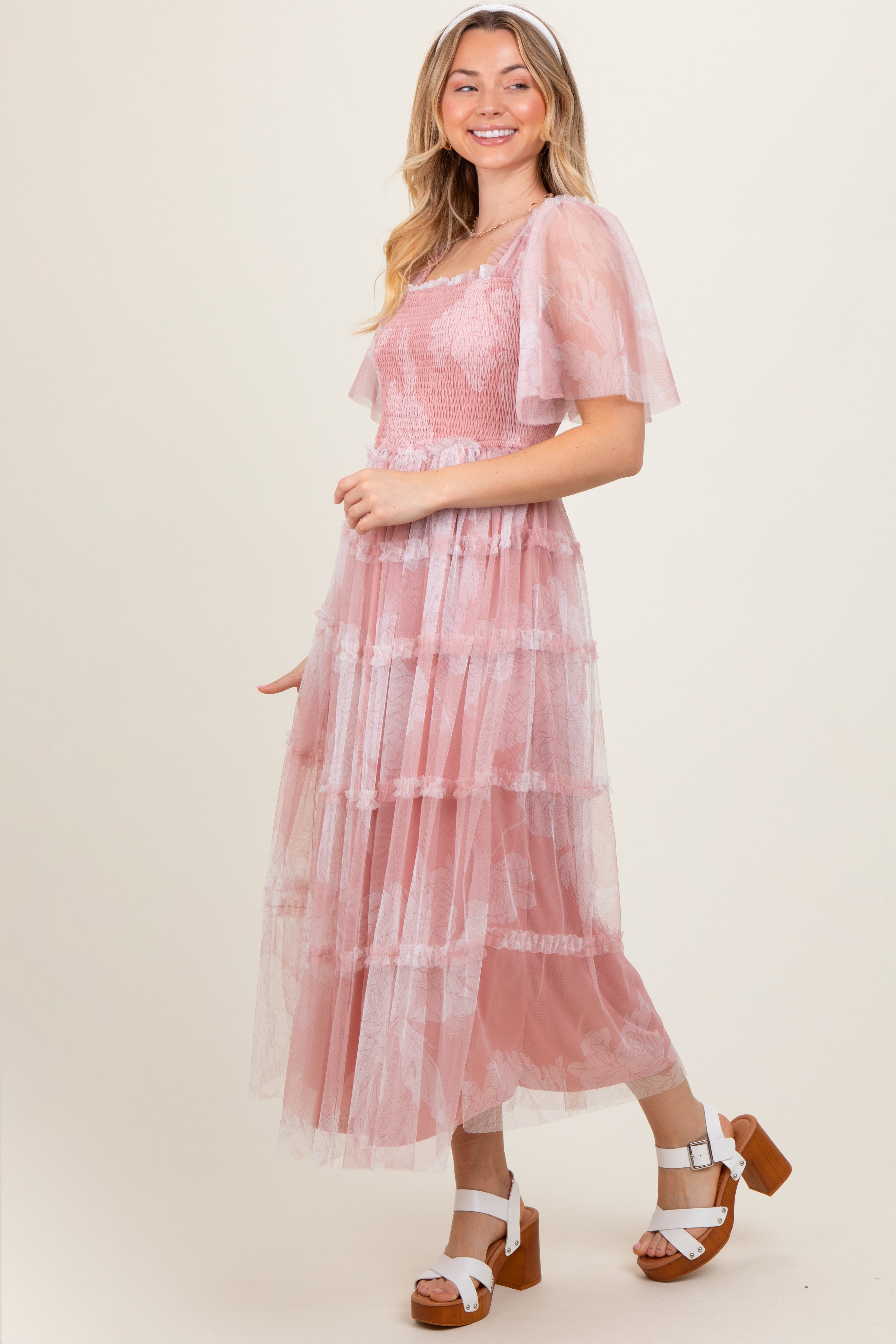 Pink Smocked Top Mesh Ruffled Midi Dress PinkBlush