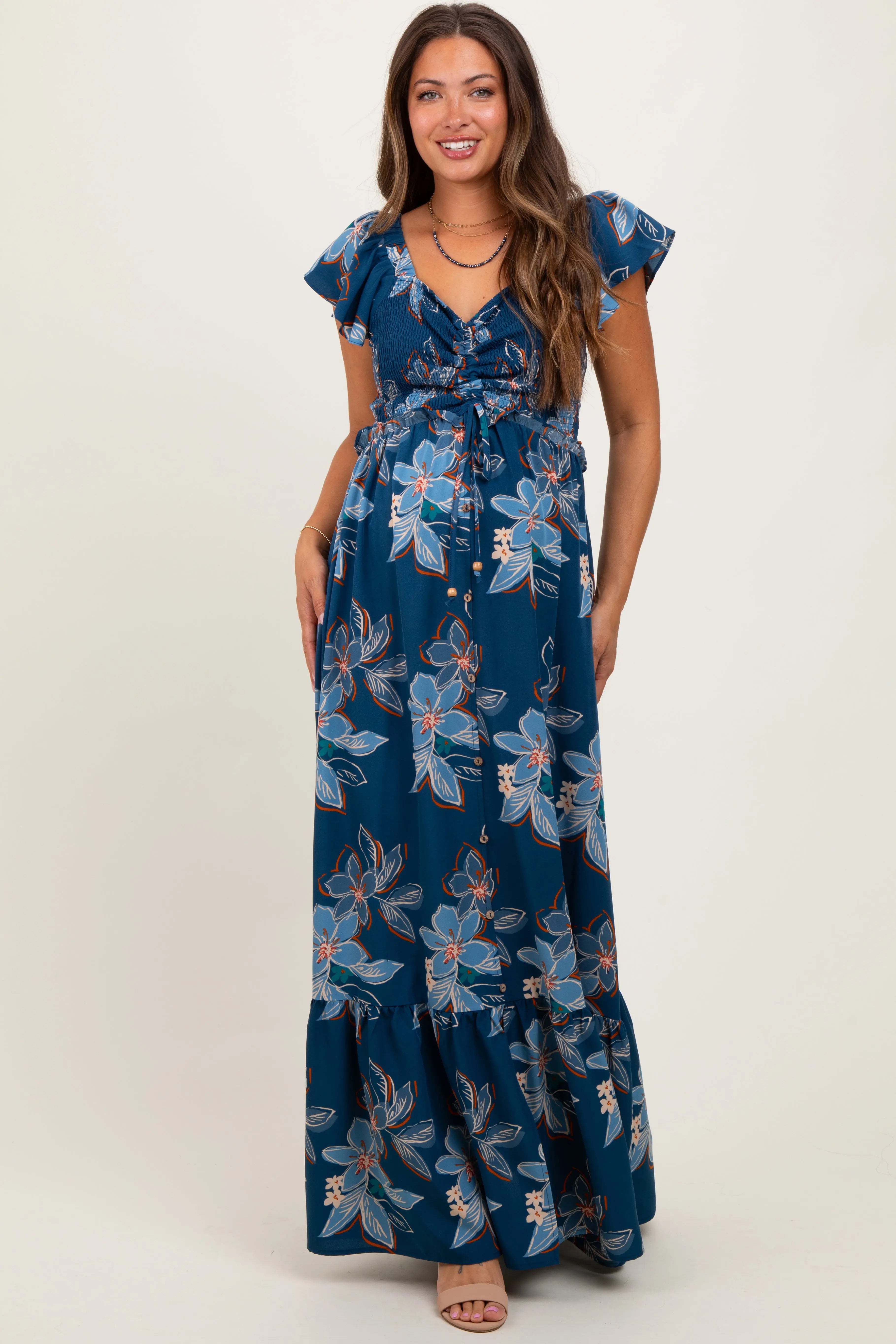 Navy Floral Smocked Cinched Top Maternity Maxi Dress PinkBlush