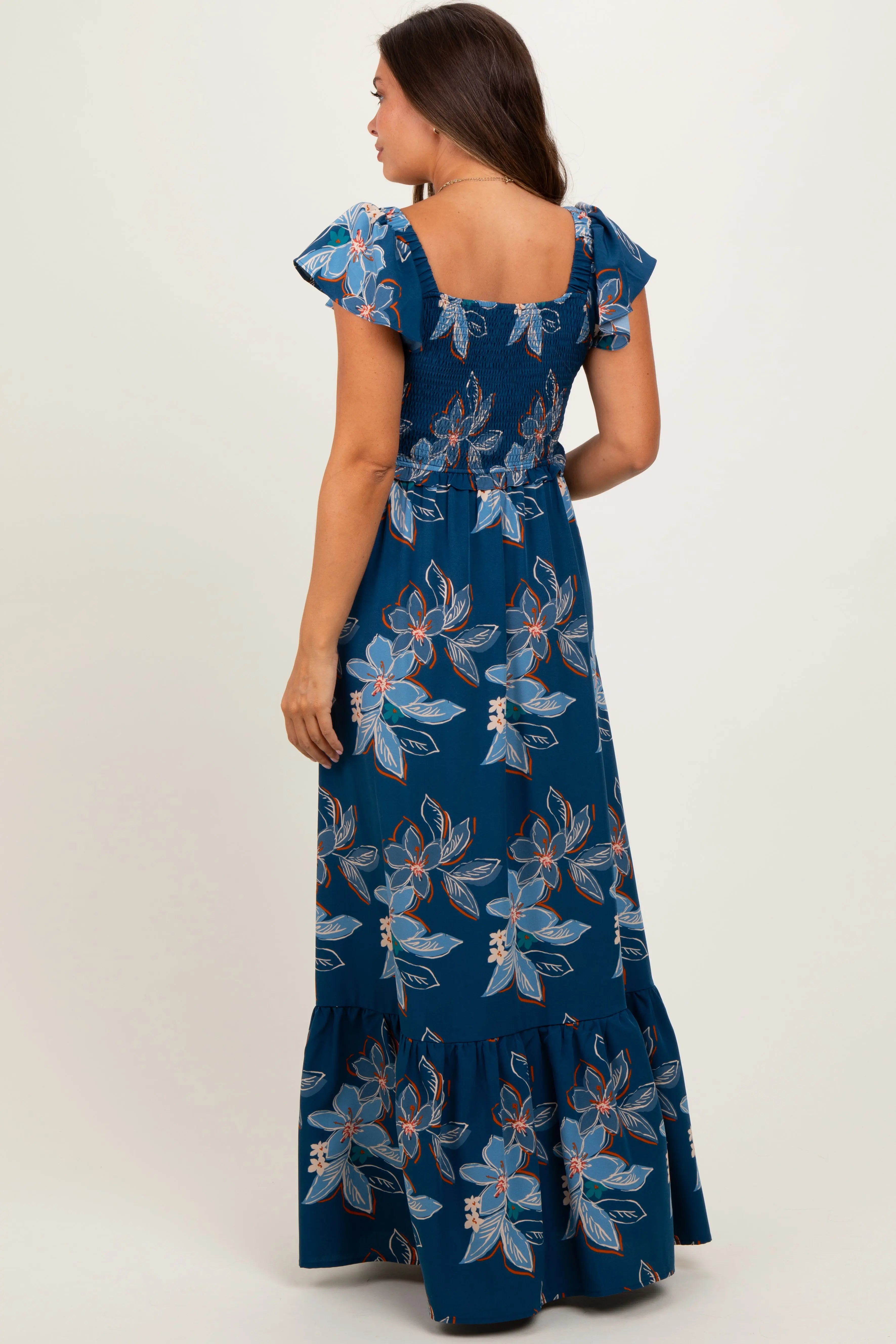 Navy Floral Smocked Cinched Top Maternity Maxi Dress PinkBlush