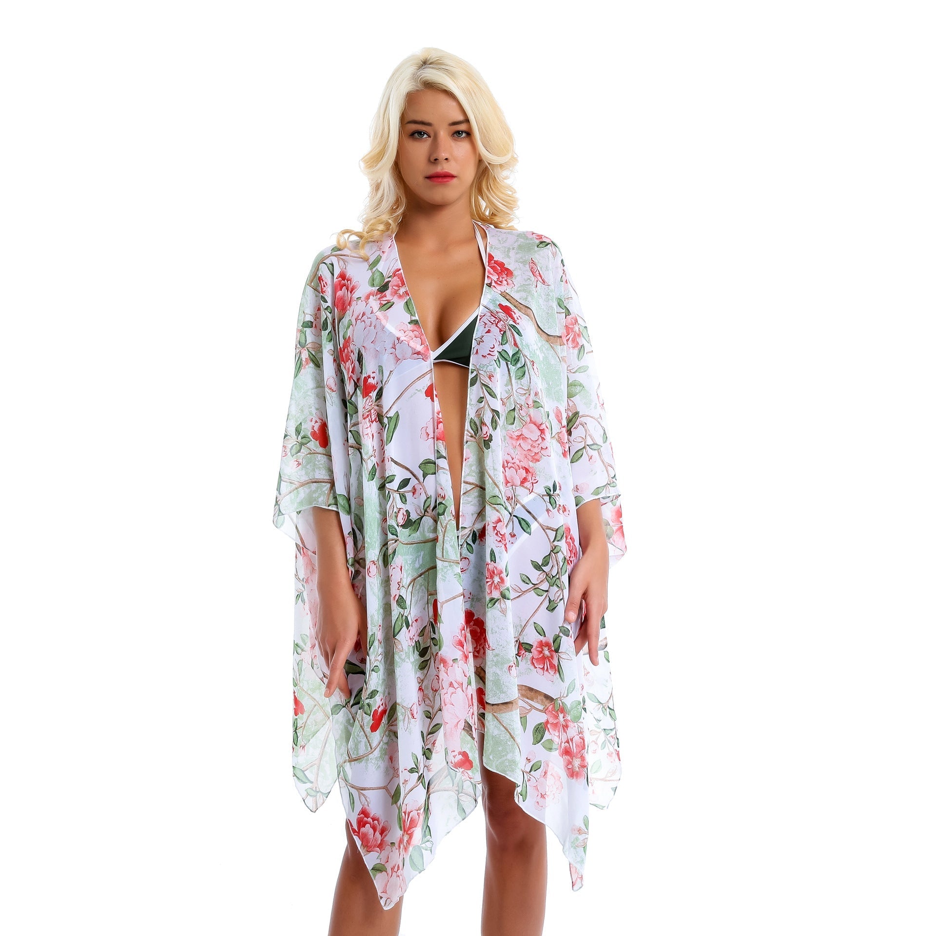 Pastoral Floral Cluster Green Leaf Vacation Travel Chiffon Beach Cover Up Coat Bella Mia