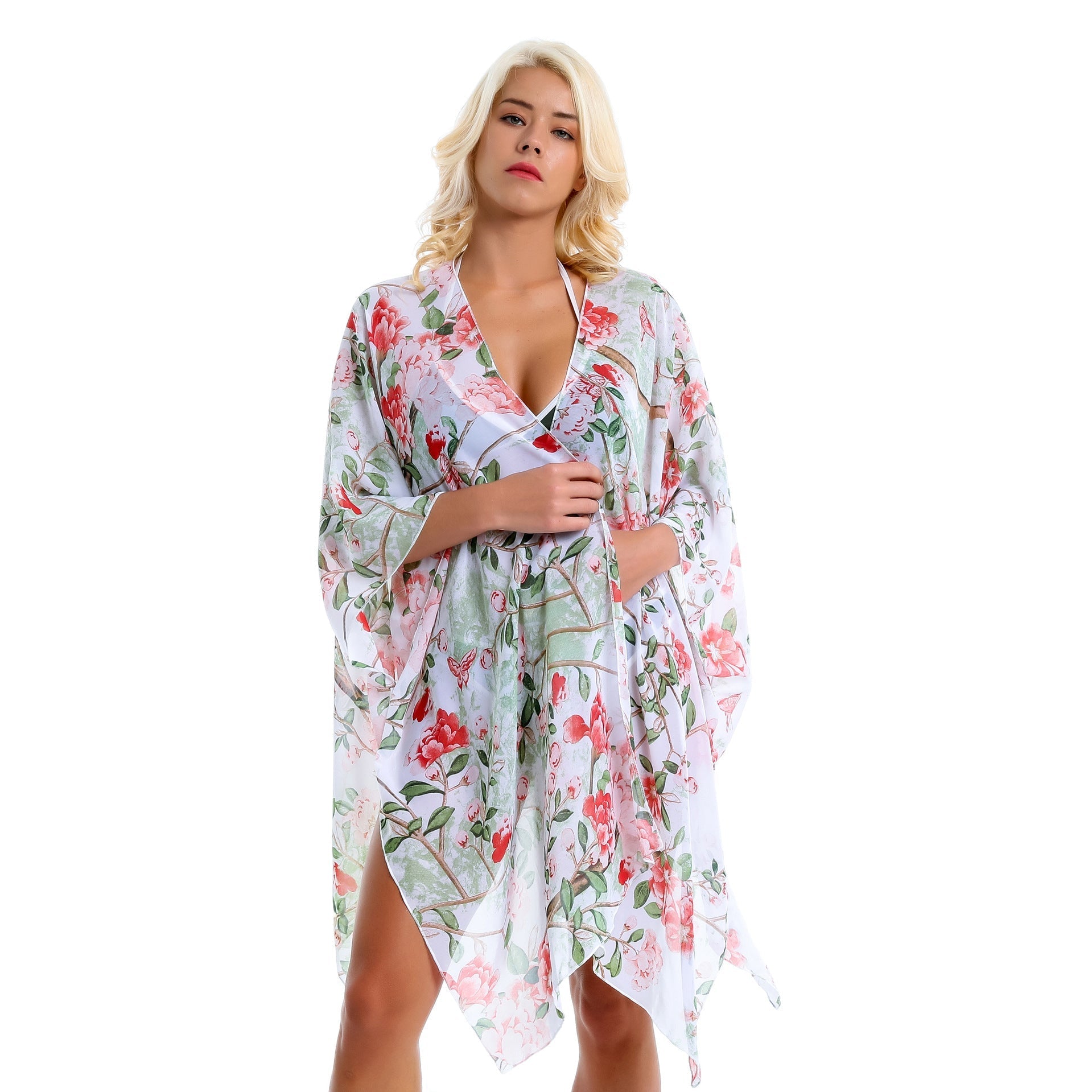 Pastoral Floral Cluster Green Leaf Vacation Travel Chiffon Beach Cover Up Coat Bella Mia