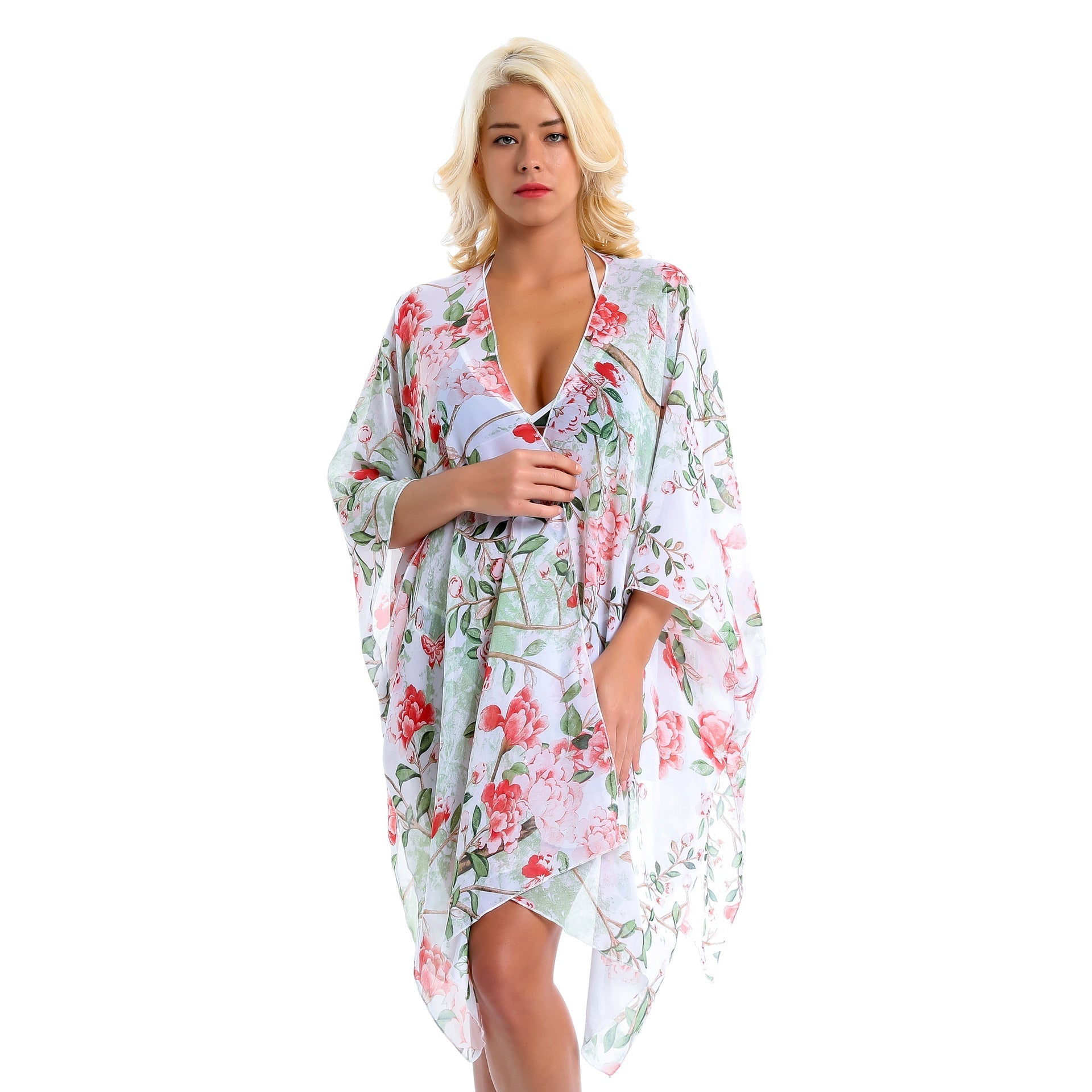 Pastoral Floral Cluster Green Leaf Vacation Travel Chiffon Beach Cover Up Coat Bella Mia