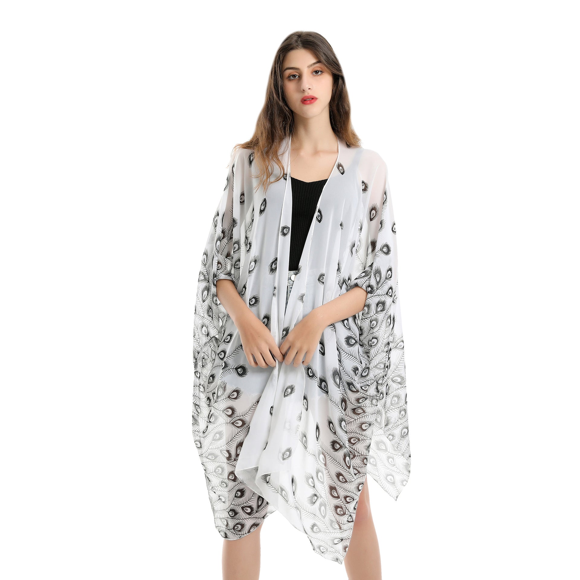 Feather Pattern Beach Cover Up Sun Protection Cardigan Beach Vacation Swimsuit Coat Bella Mia