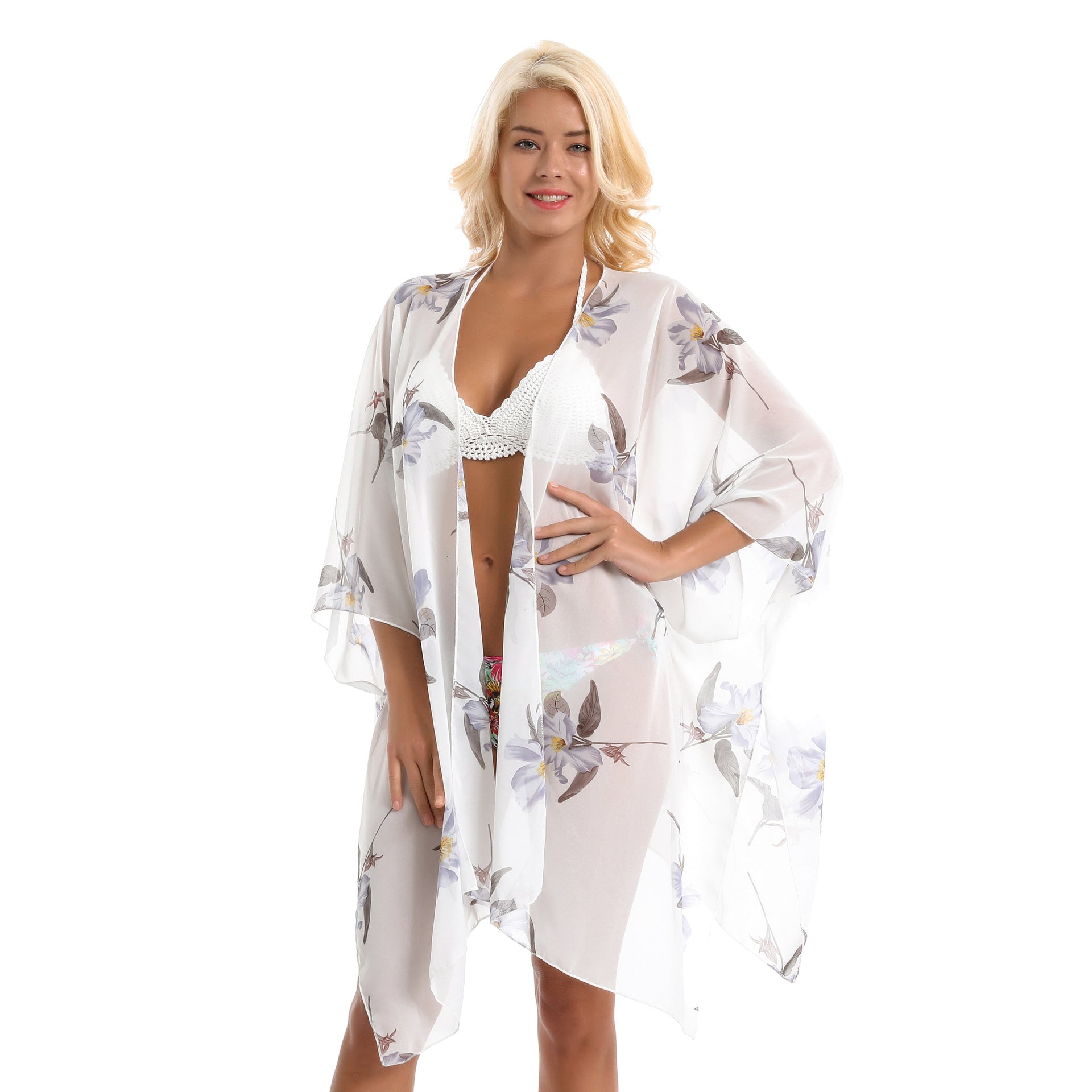 Simple Orchid Printing Vacation Beach Bikini Cardigan Chiffon Sunscreen Jacket Bella Mia