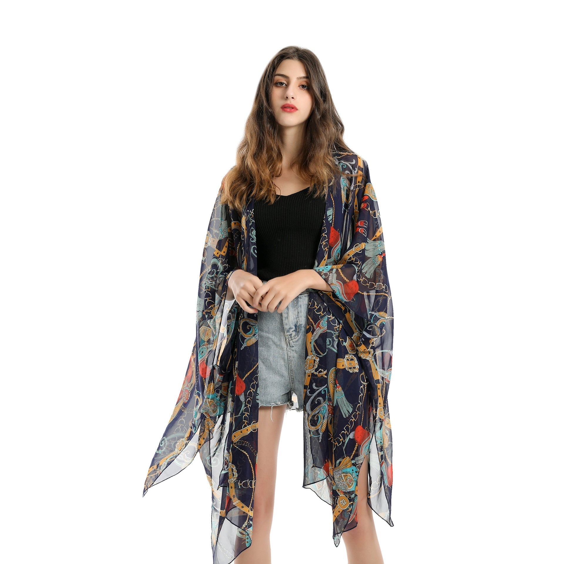 Summer Trendy Geometric Abstract Printed Chiffon Swimsuit Blouse Sunscreen Light Bikini Cardigan Bella Mia