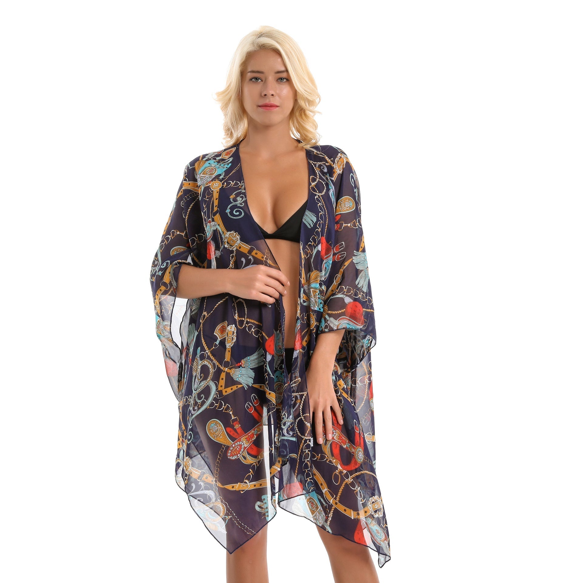 Summer Trendy Geometric Abstract Printed Chiffon Swimsuit Blouse Sunscreen Light Bikini Cardigan Bella Mia