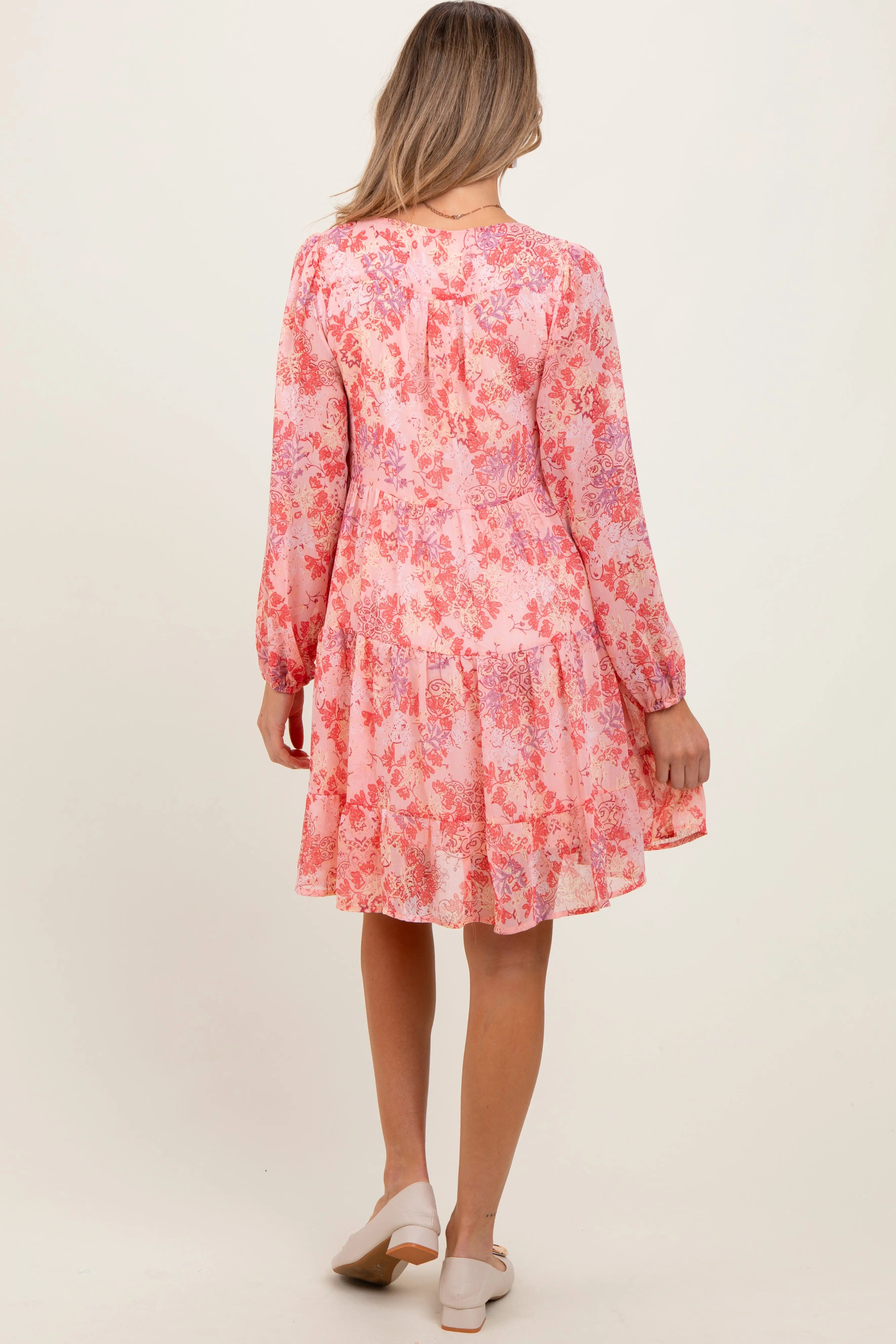 Pink Floral Chiffon Babydoll Long Sleeve Maternity Dress PinkBlush