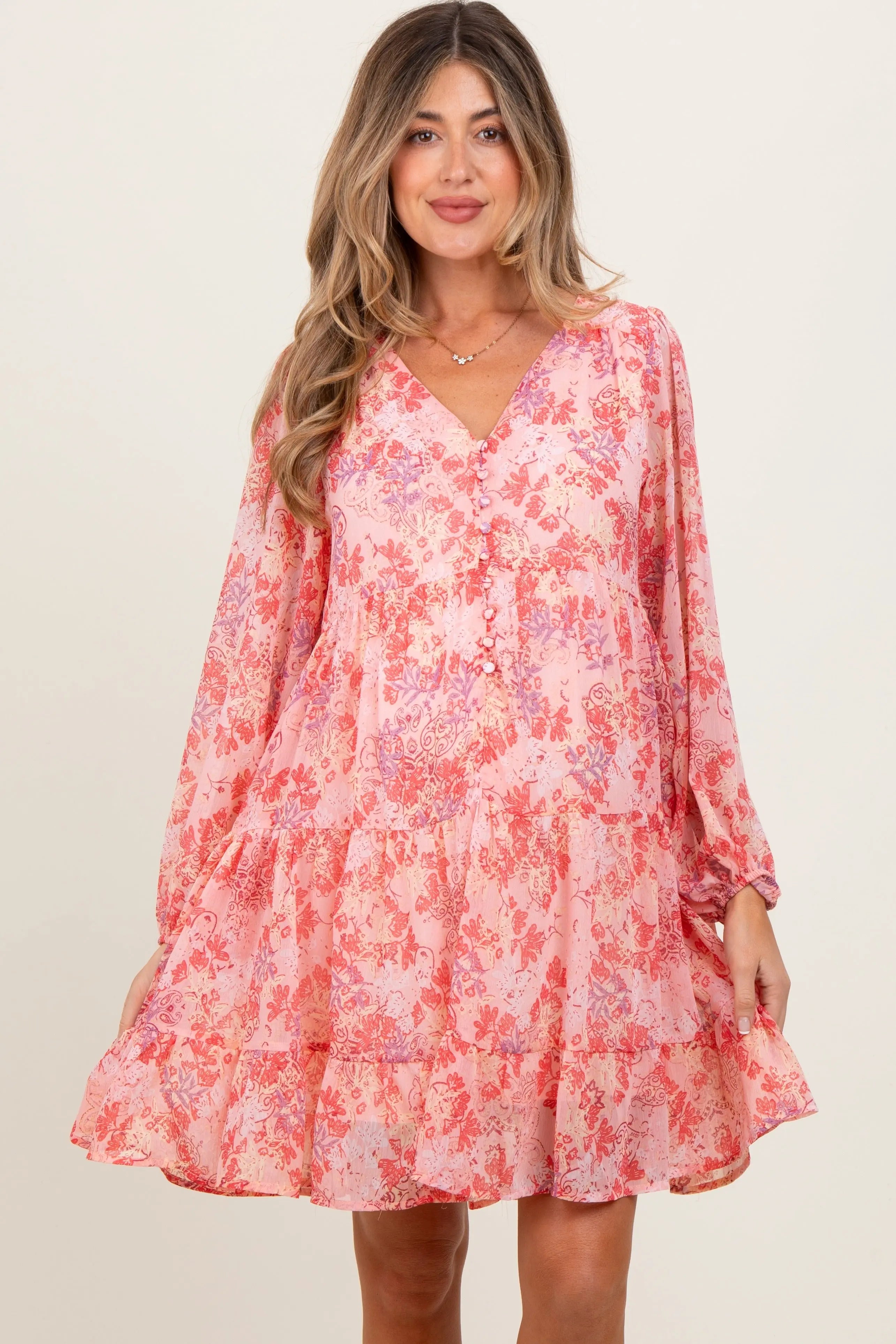 Pink Floral Chiffon Babydoll Long Sleeve Maternity Dress PinkBlush