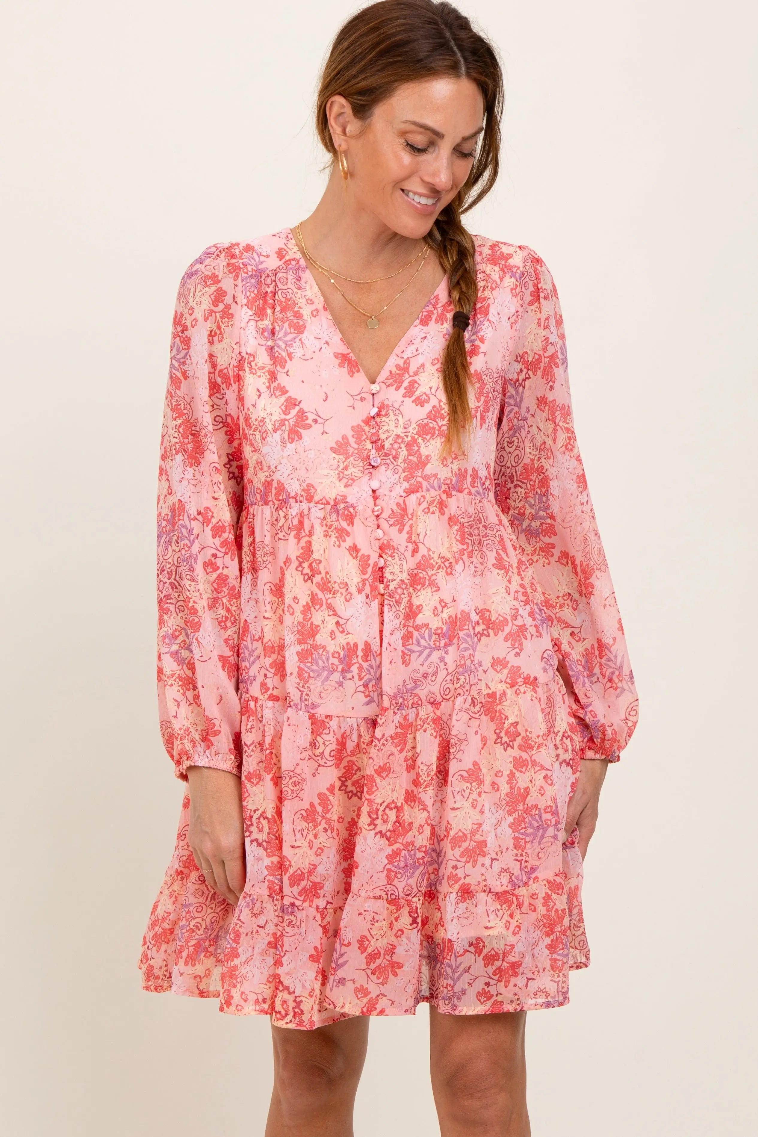 Pink Floral Chiffon Babydoll Long Sleeve Maternity Dress PinkBlush