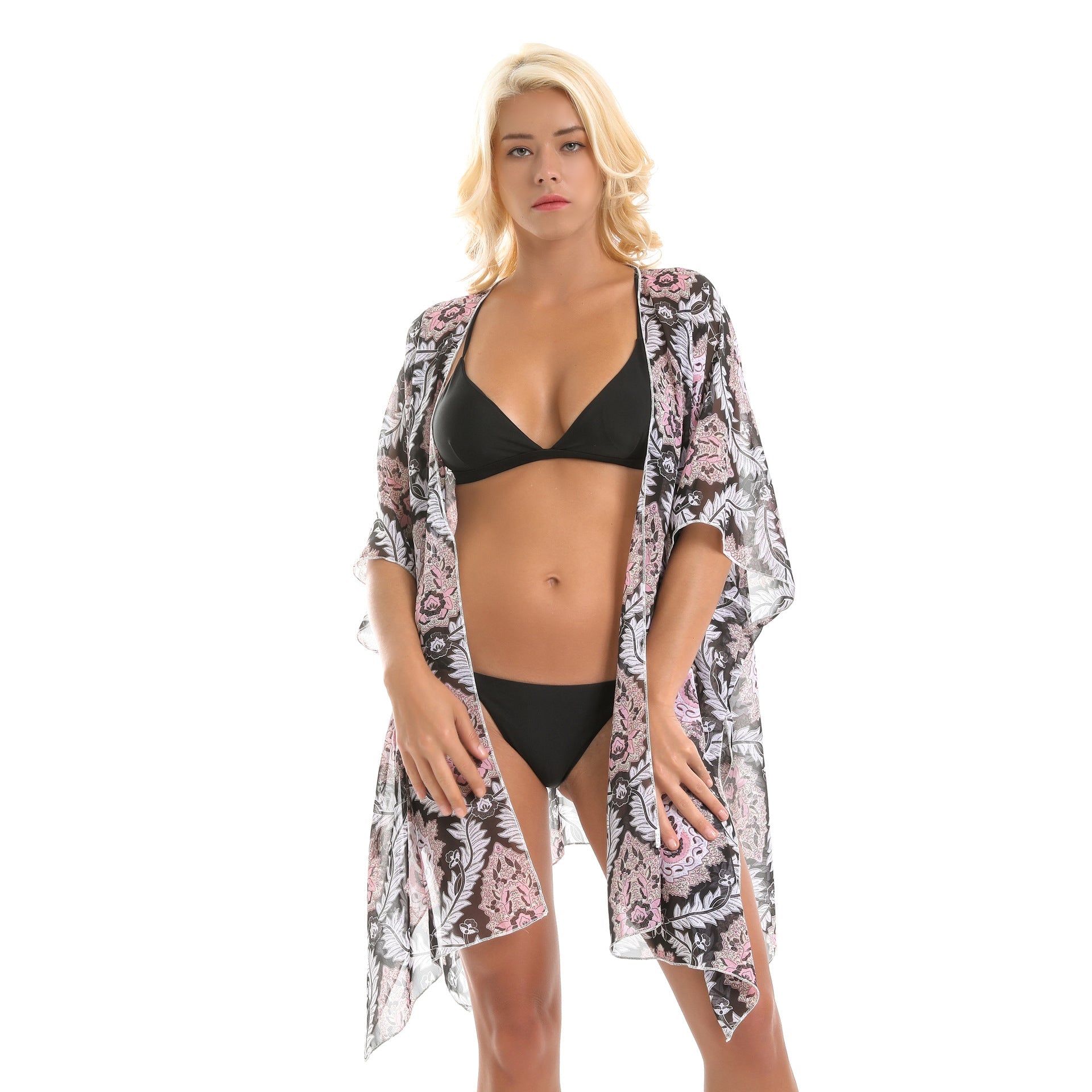 Platform Ethnic Rattan Floral Print Chiffon Sun Protection Cardigan Swimsuit Blouse Bella Mia