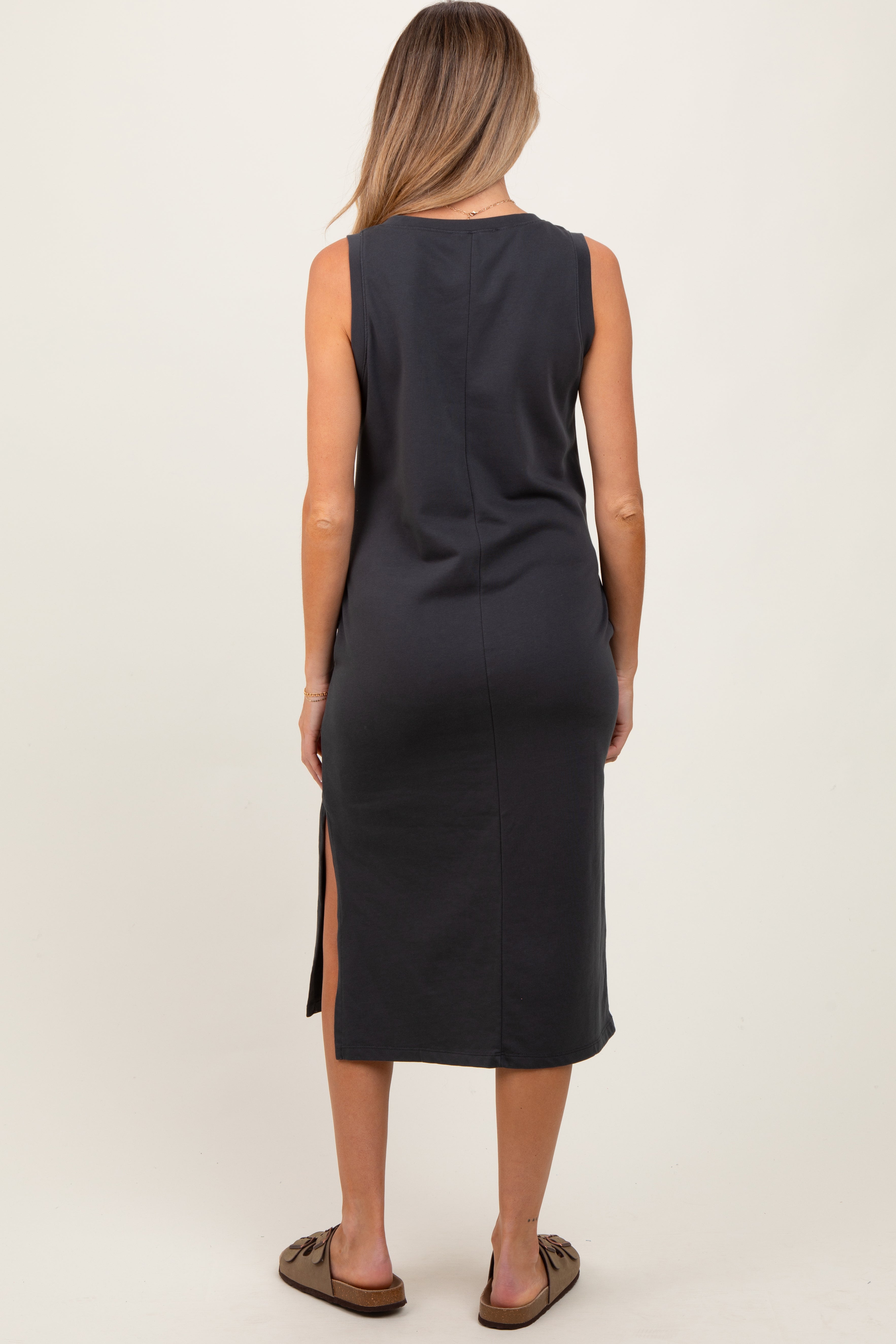 Charcoal V-Neck Sleeveless Side Slit Maternity Midi Dress PinkBlush