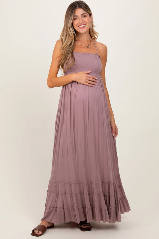 Mauve Smocked Woven Maternity Maxi Dress PinkBlush