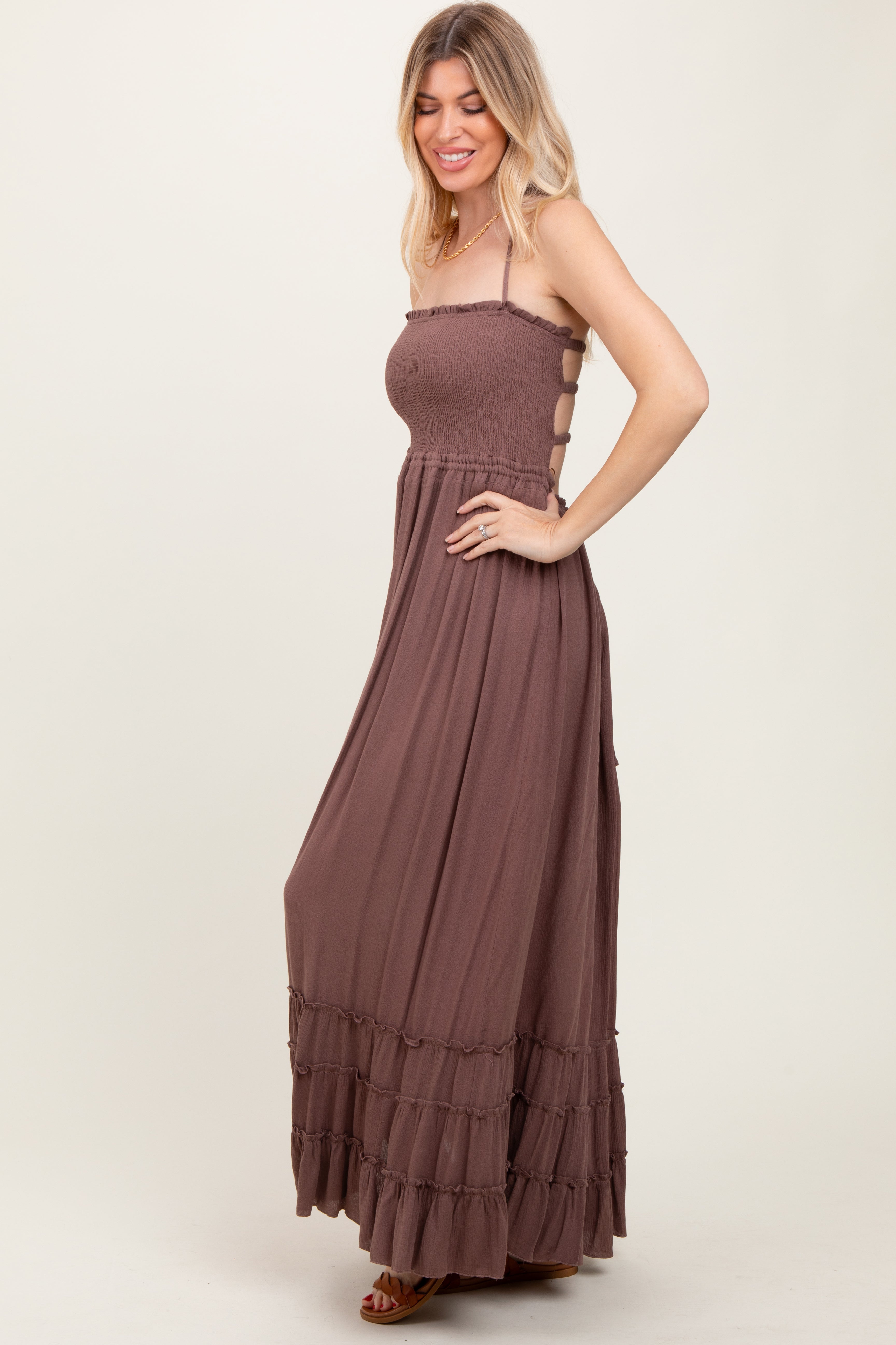 Mocha Smocked Woven Maxi Dress PinkBlush