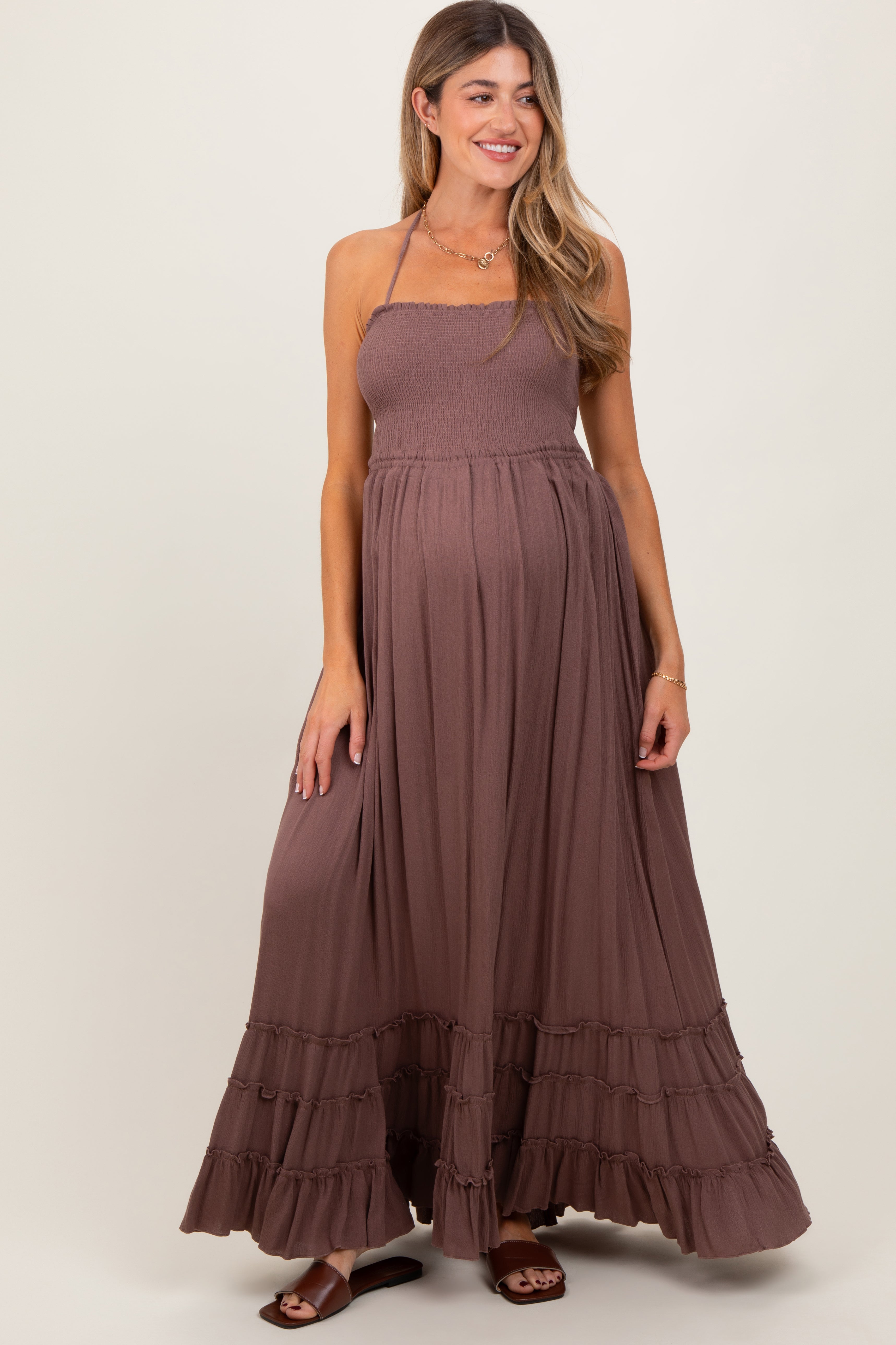 Mocha Smocked Woven Maternity Maxi Dress PinkBlush