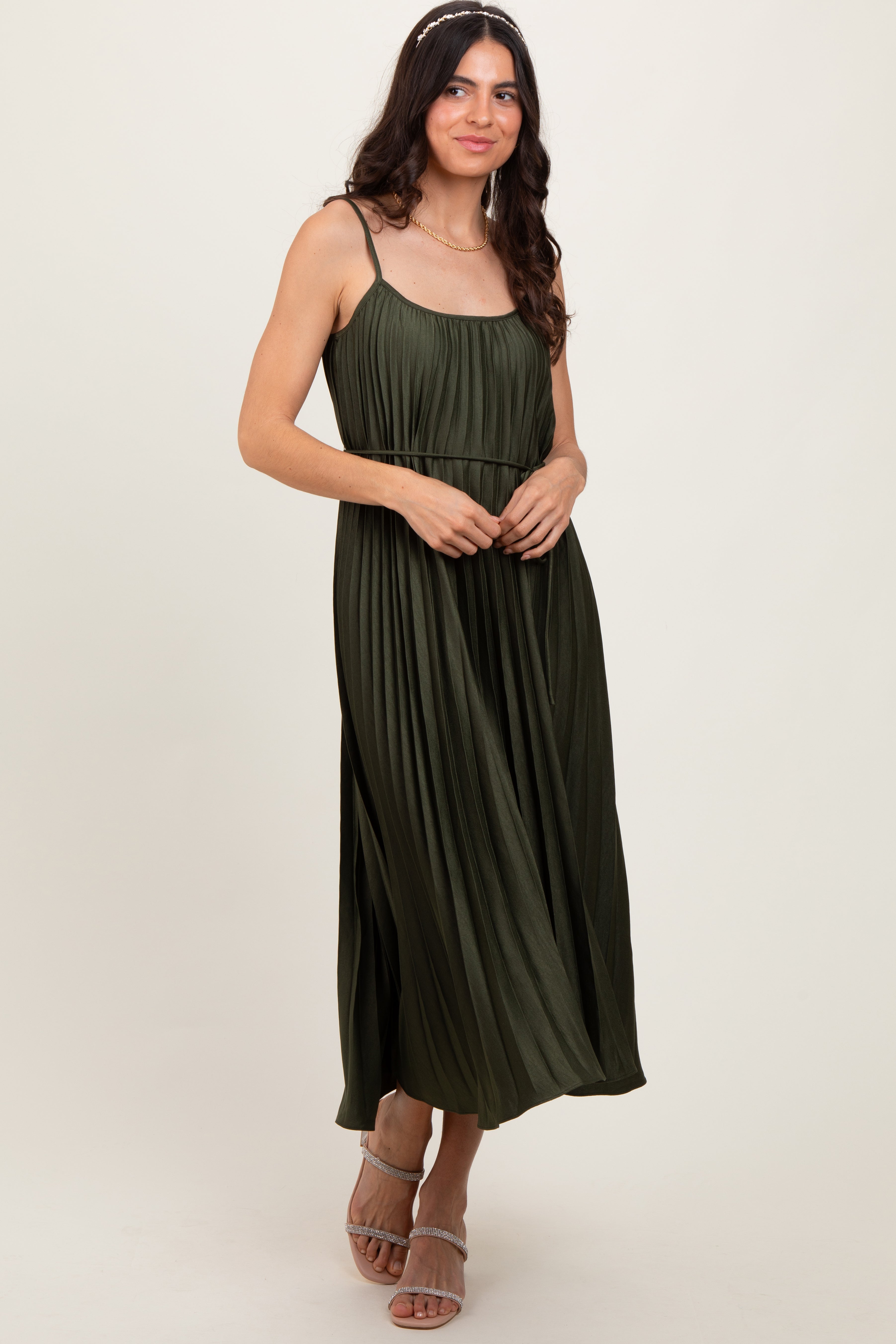Olive Pleated Sash Tie Maternity Midi Dress PinkBlush
