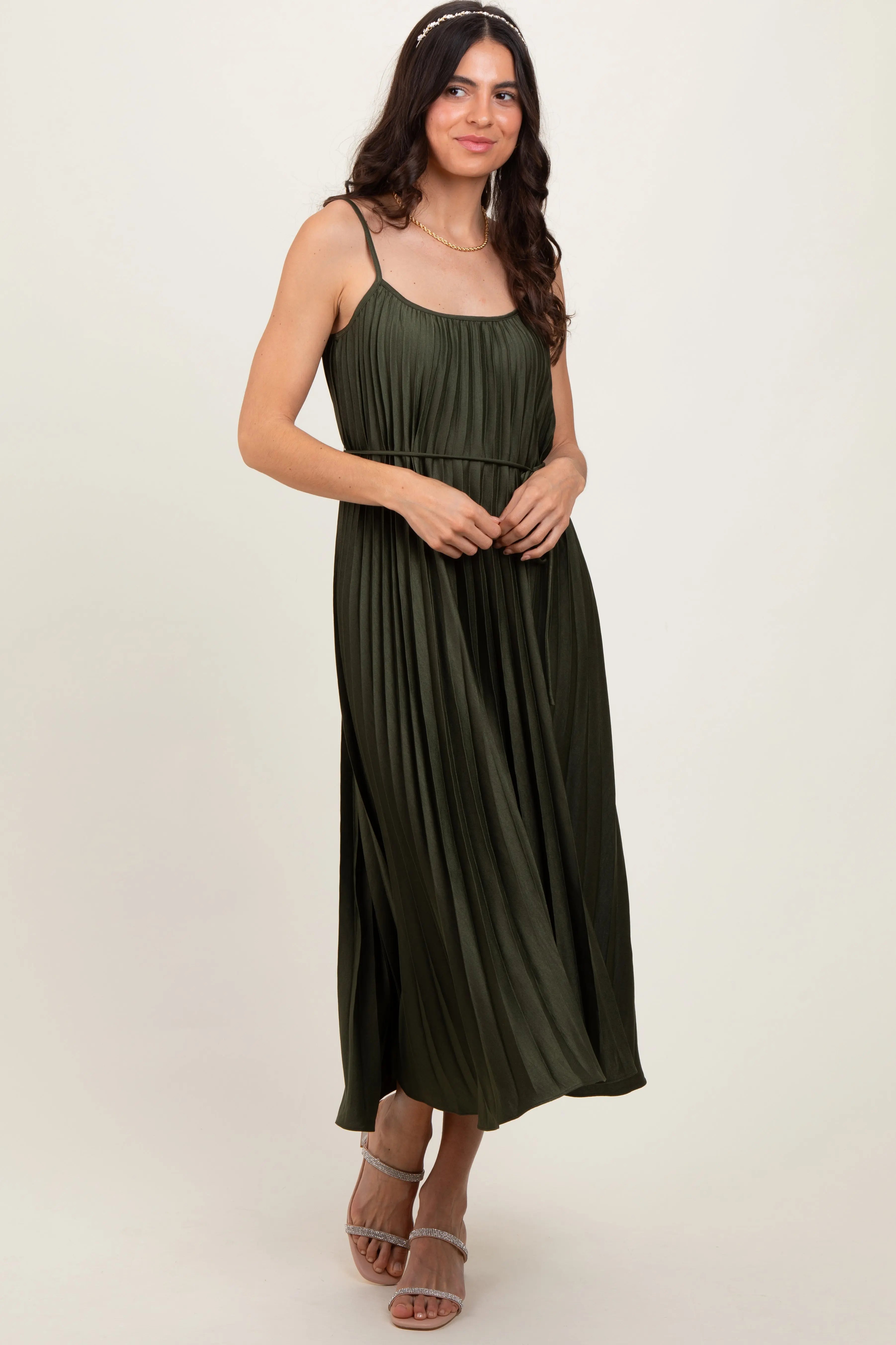 Olive Pleated Sash Tie Midi Dress PinkBlush