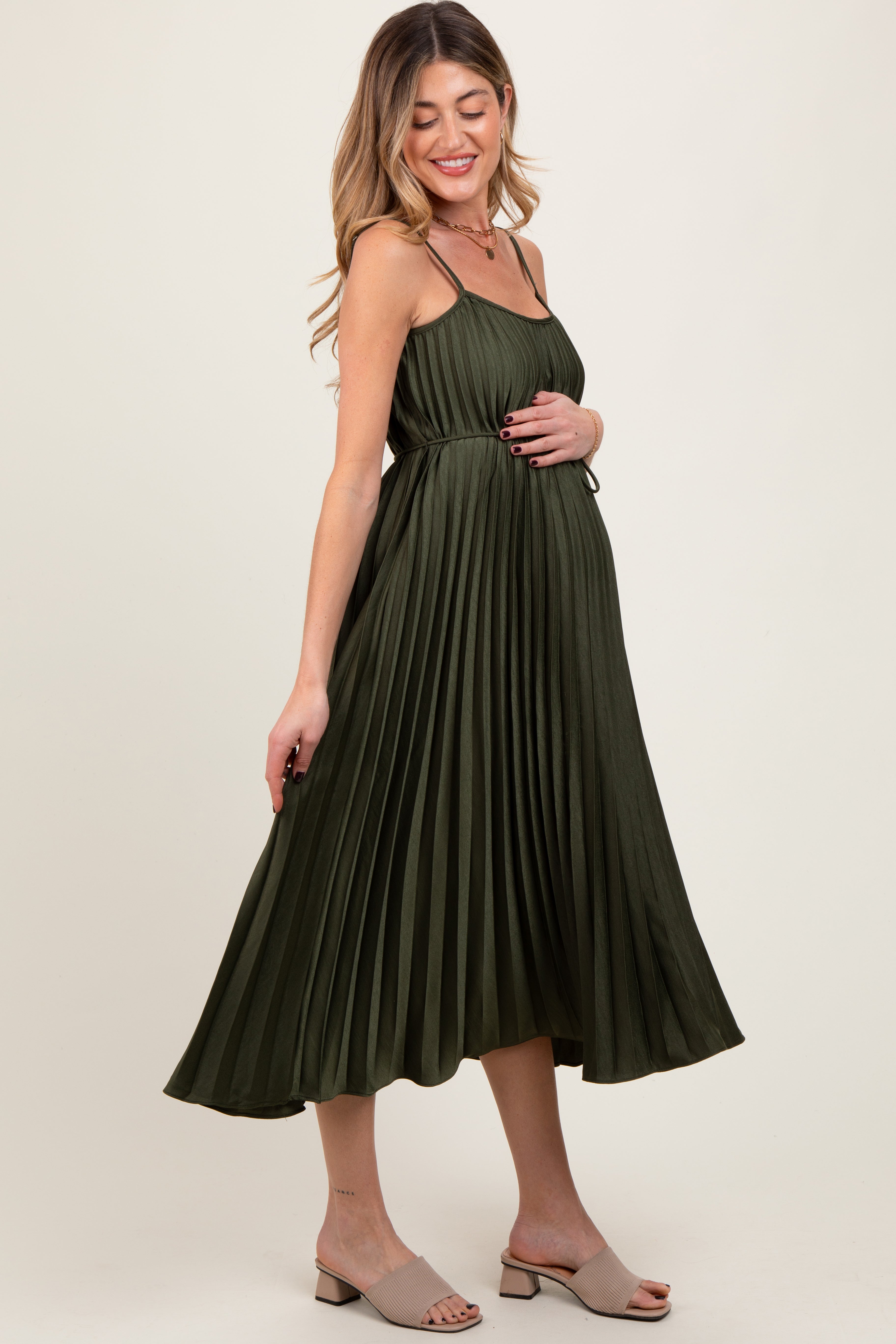 Olive Pleated Sash Tie Maternity Midi Dress PinkBlush