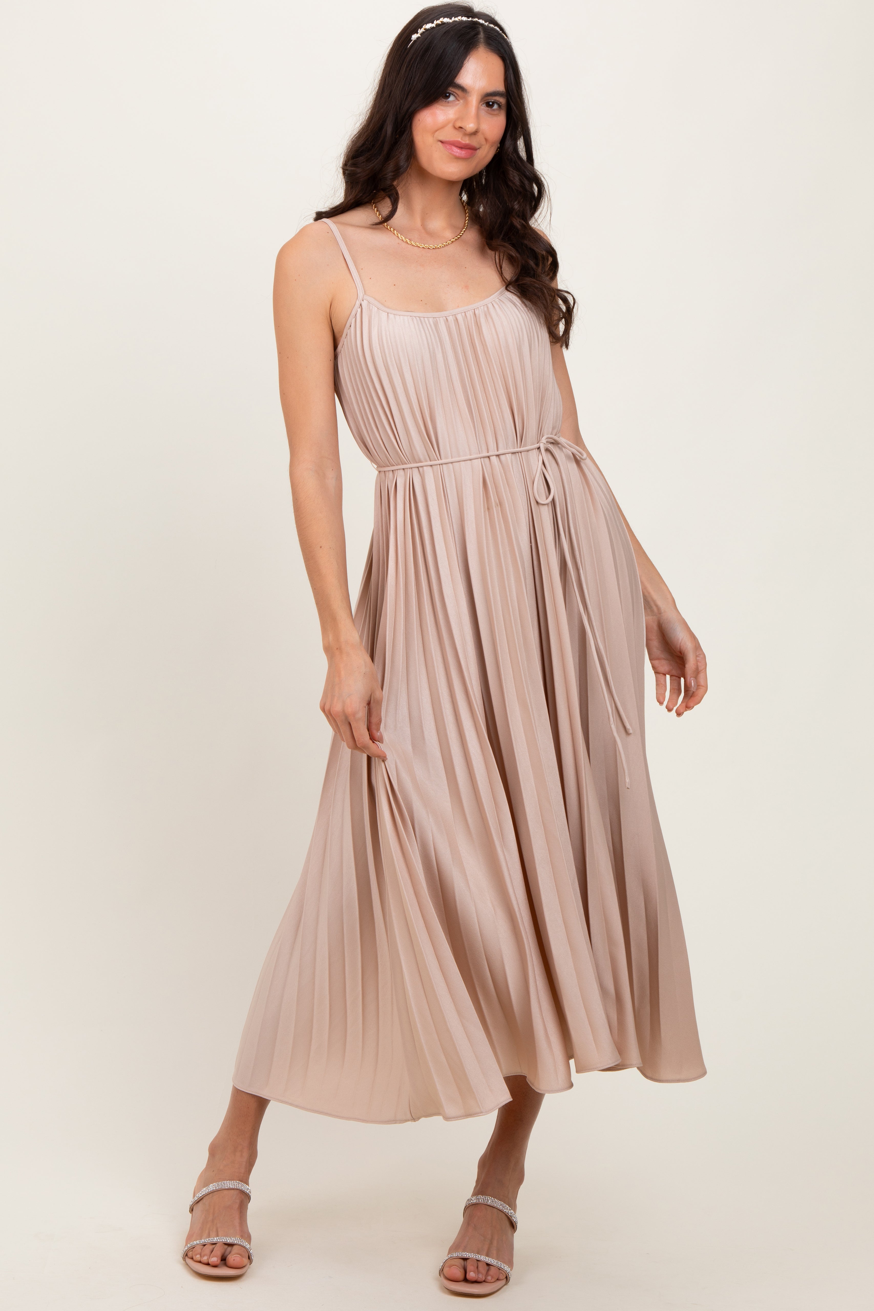 Beige Pleated Sash Tie Maternity Midi Dress PinkBlush