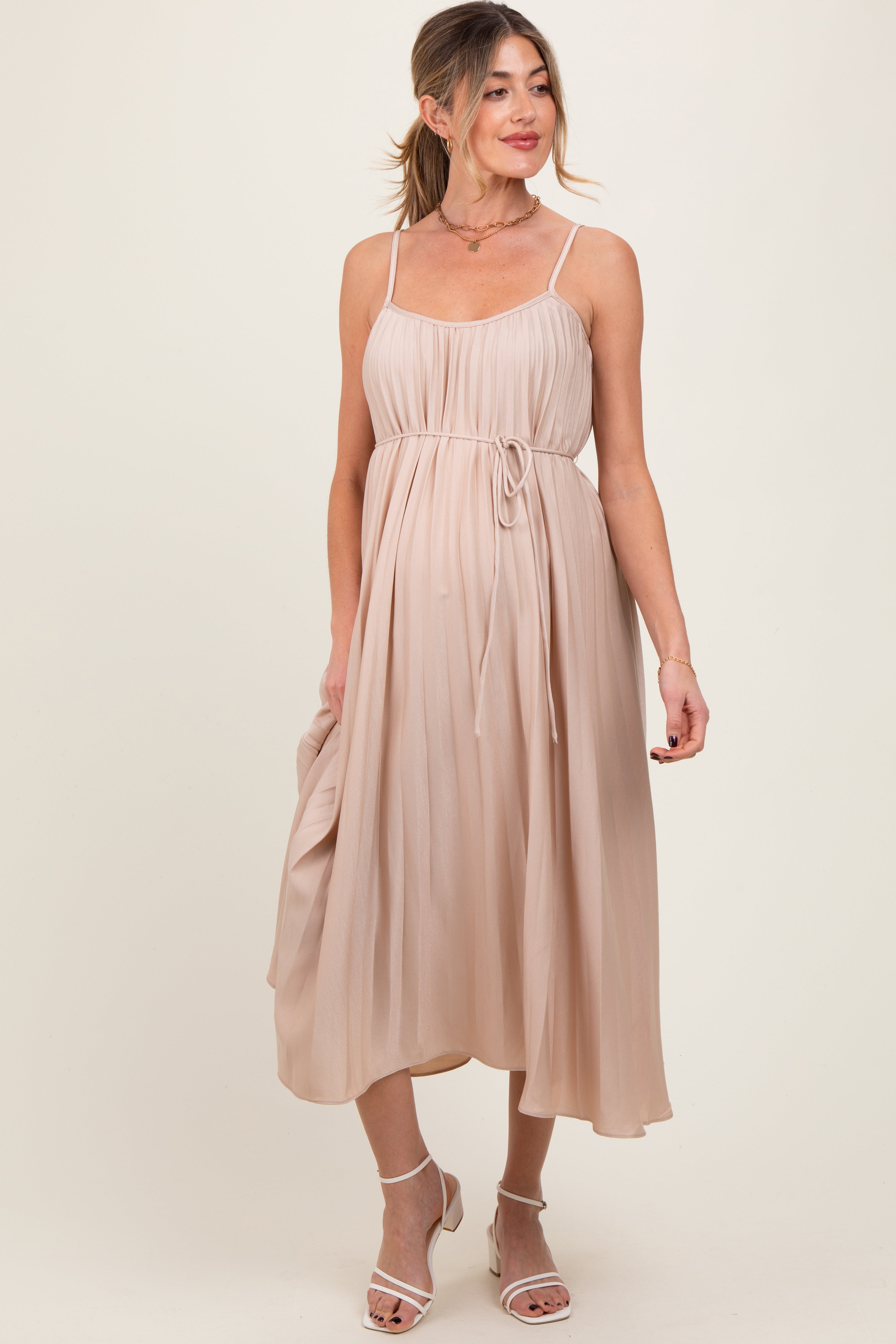 Beige Pleated Sash Tie Maternity Midi Dress PinkBlush