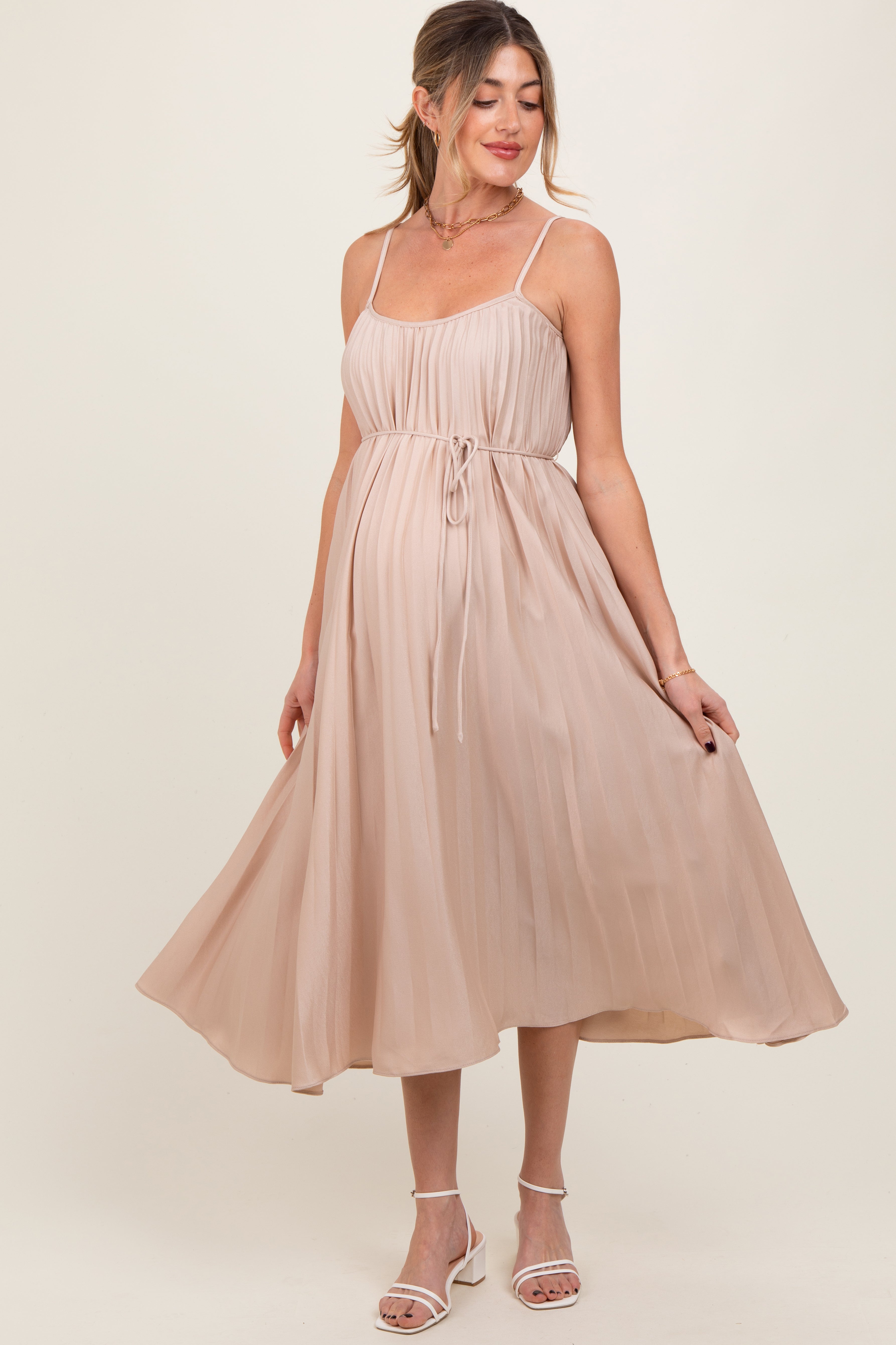 Beige Pleated Sash Tie Maternity Midi Dress PinkBlush