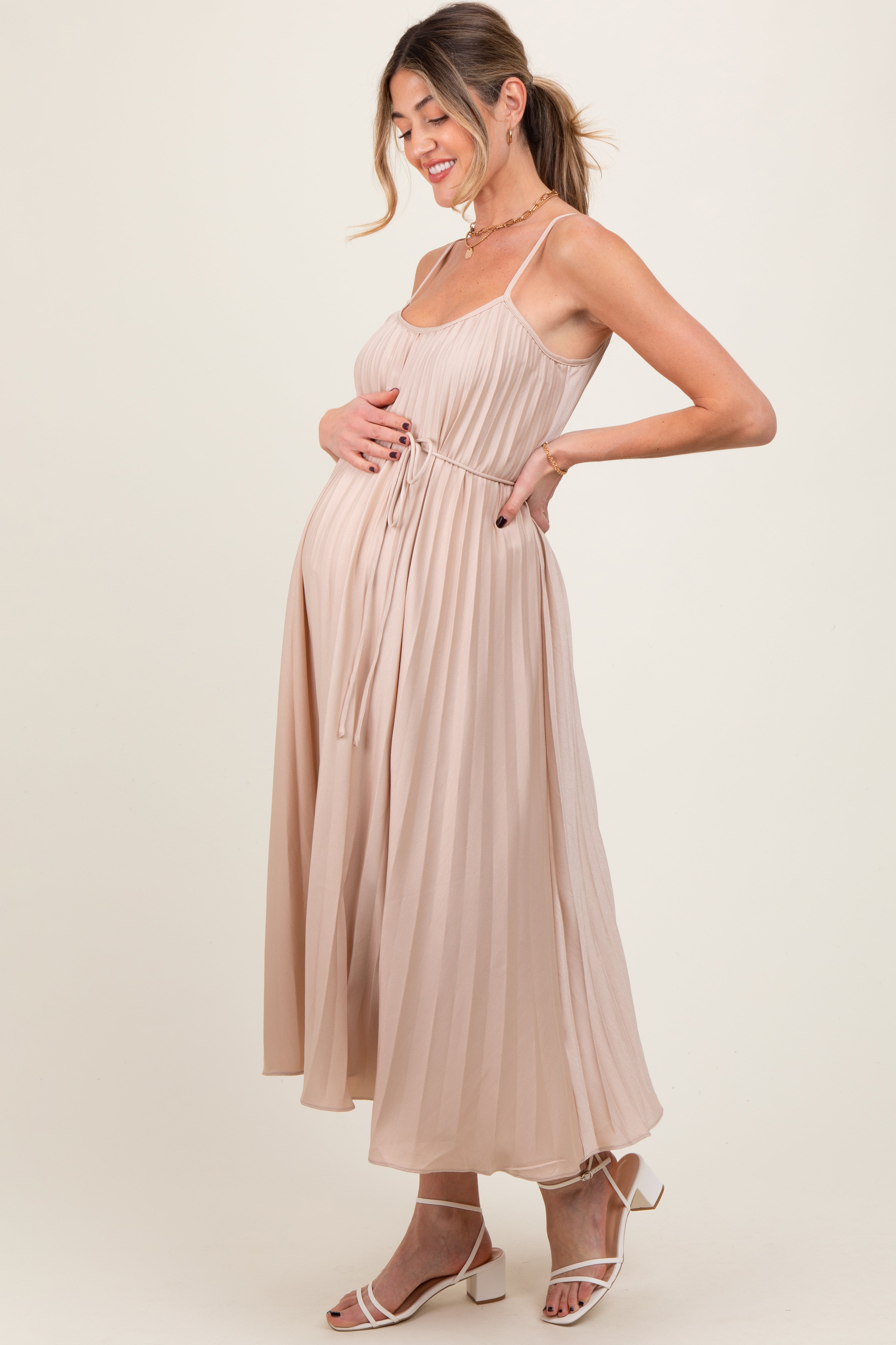 Beige Pleated Sash Tie Maternity Midi Dress PinkBlush
