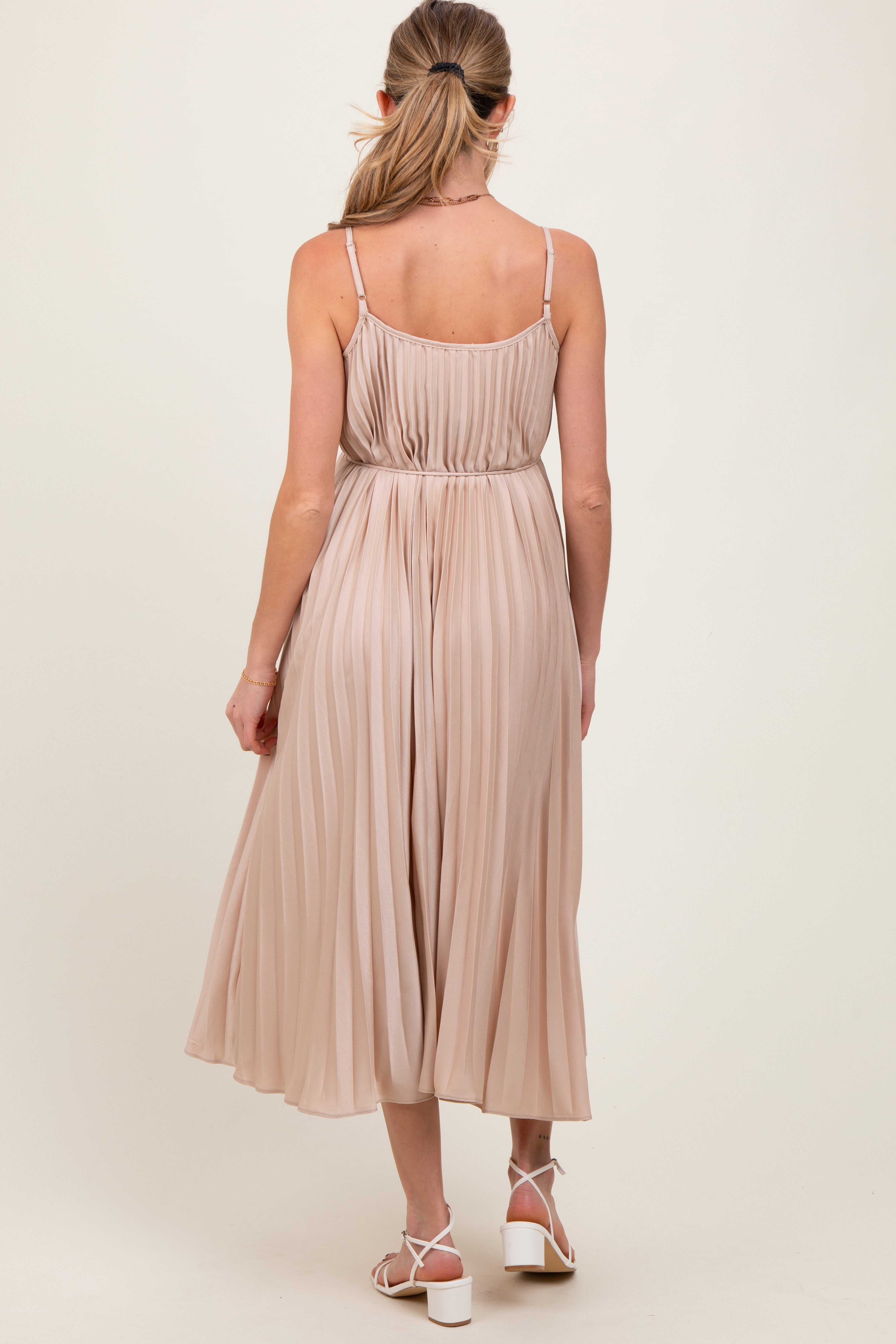 Beige Pleated Sash Tie Maternity Midi Dress PinkBlush