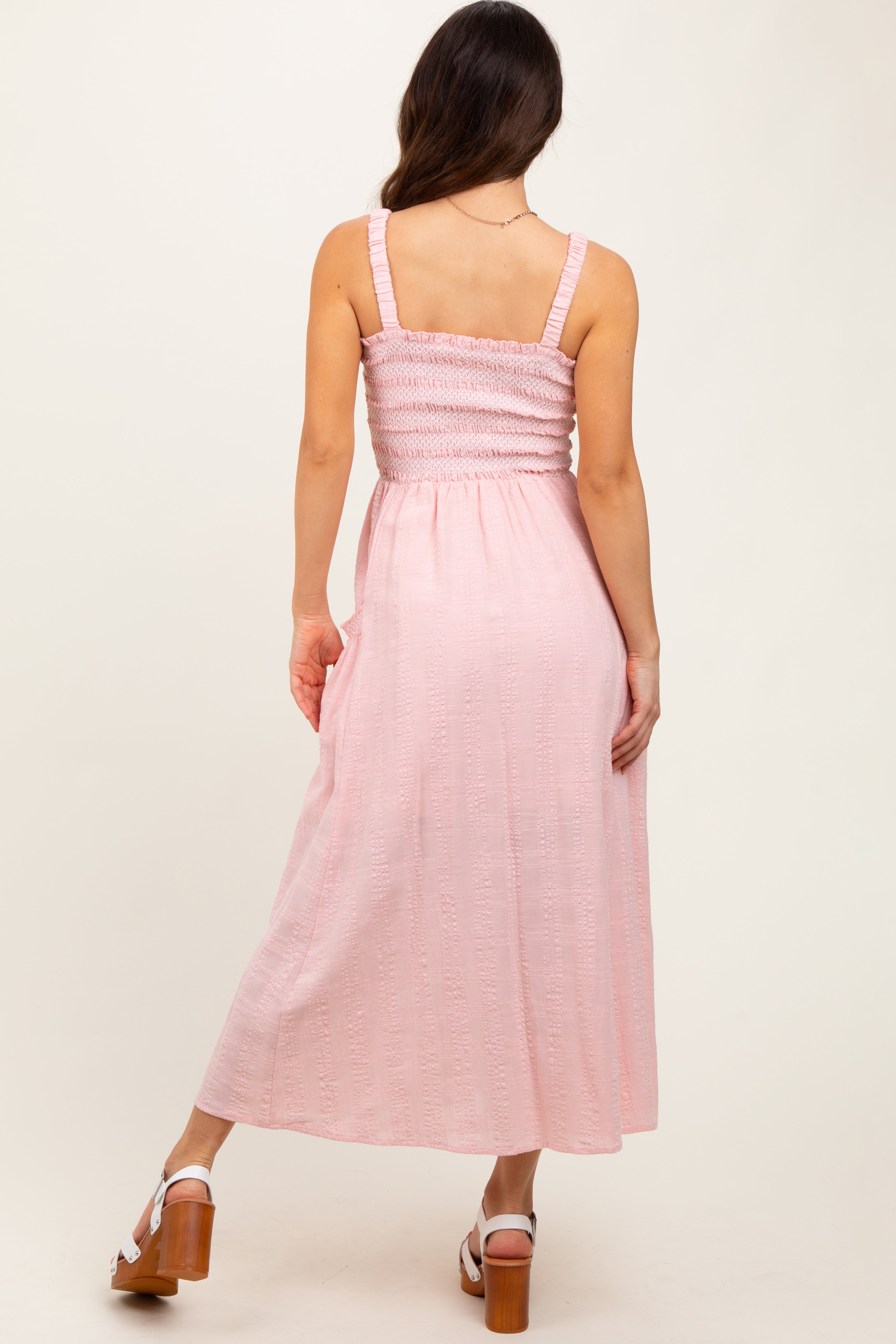 Light Pink Smocked Embroidered Bust Textured Midi Dress PinkBlush