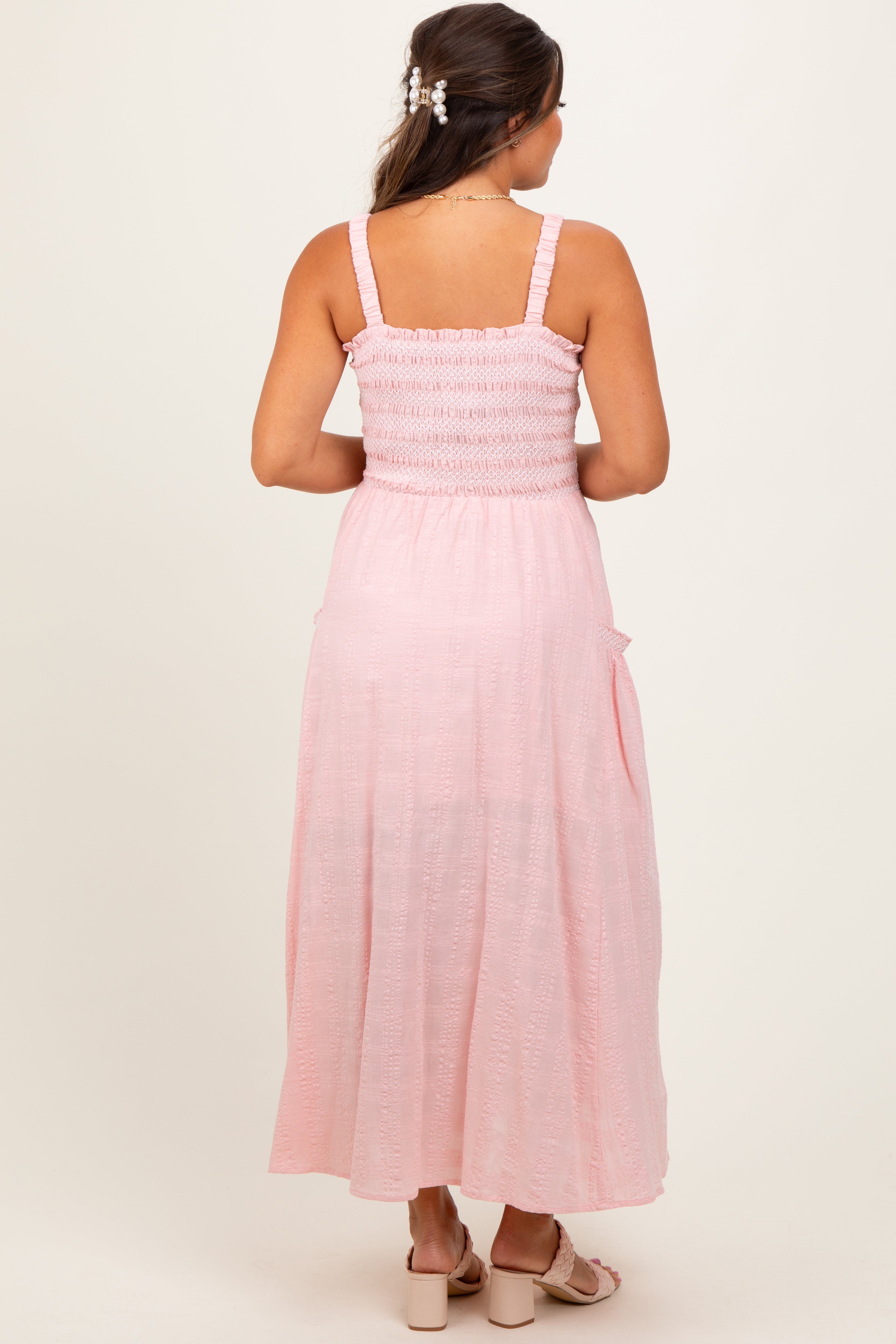 Light Pink Smocked Embroidered Bust Textured Maternity Midi Dress PinkBlush