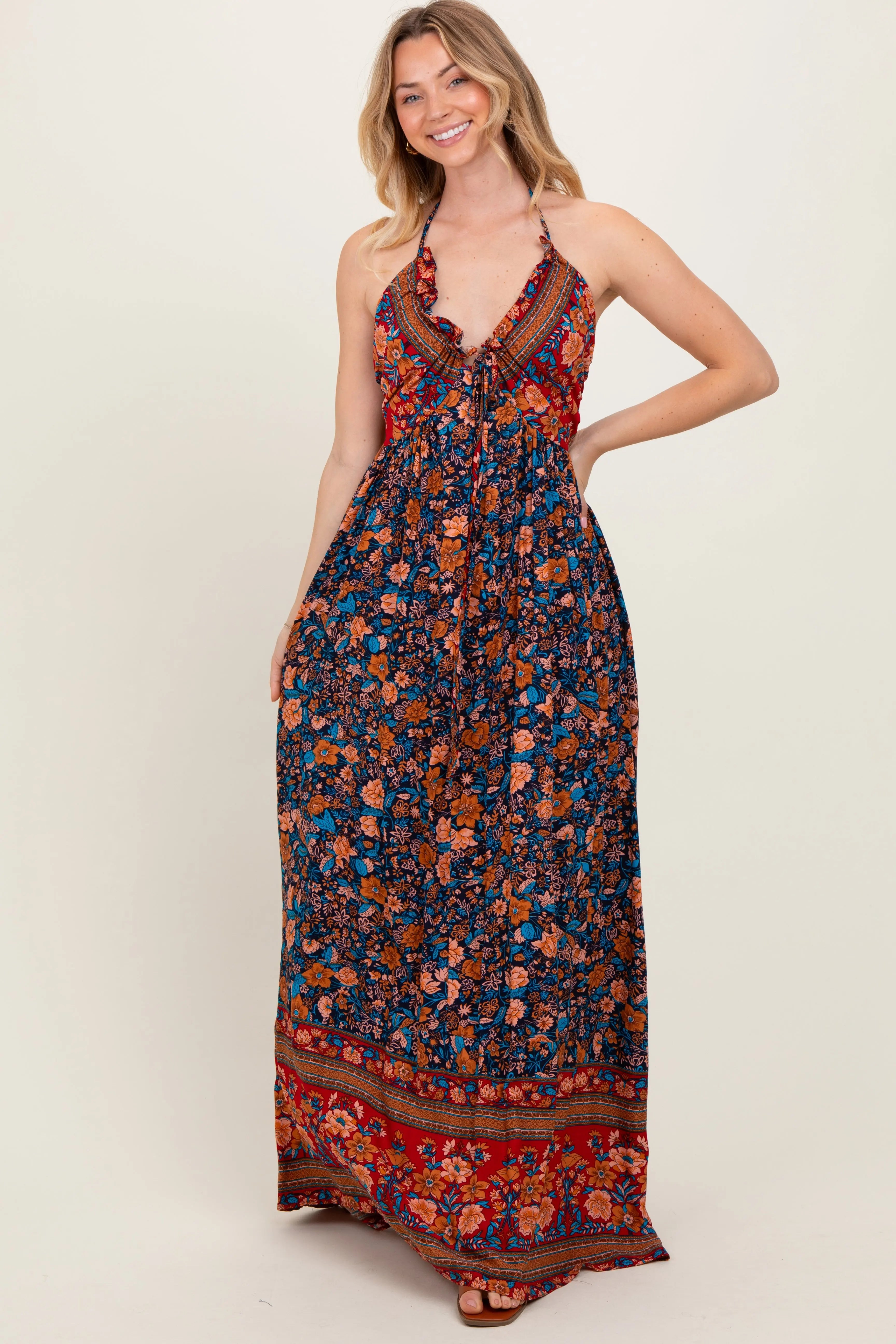 Navy Floral Colorblock Halter Tie Back Maxi Dress PinkBlush