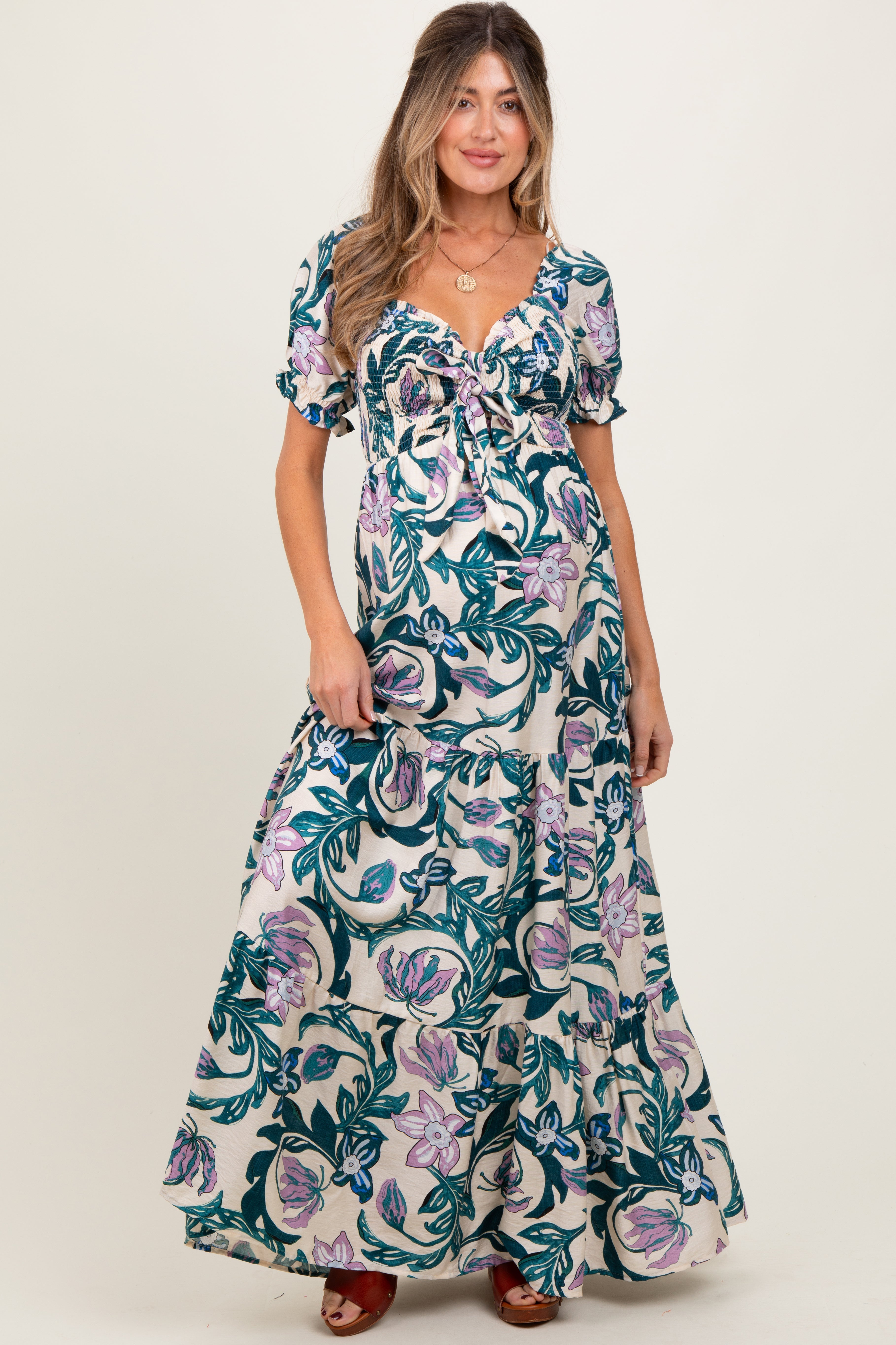 Teal Floral Smocked Front Tie Maternity Maxi Dress PinkBlush