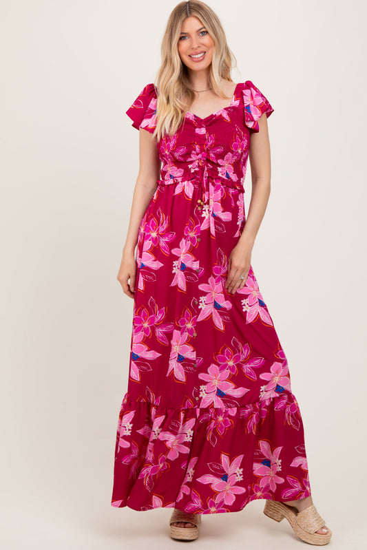 PinkBlush Magenta Floral Smocked Cinched Top Maxi Dress, full length view, showcasing vibrant floral pattern and elegant flow