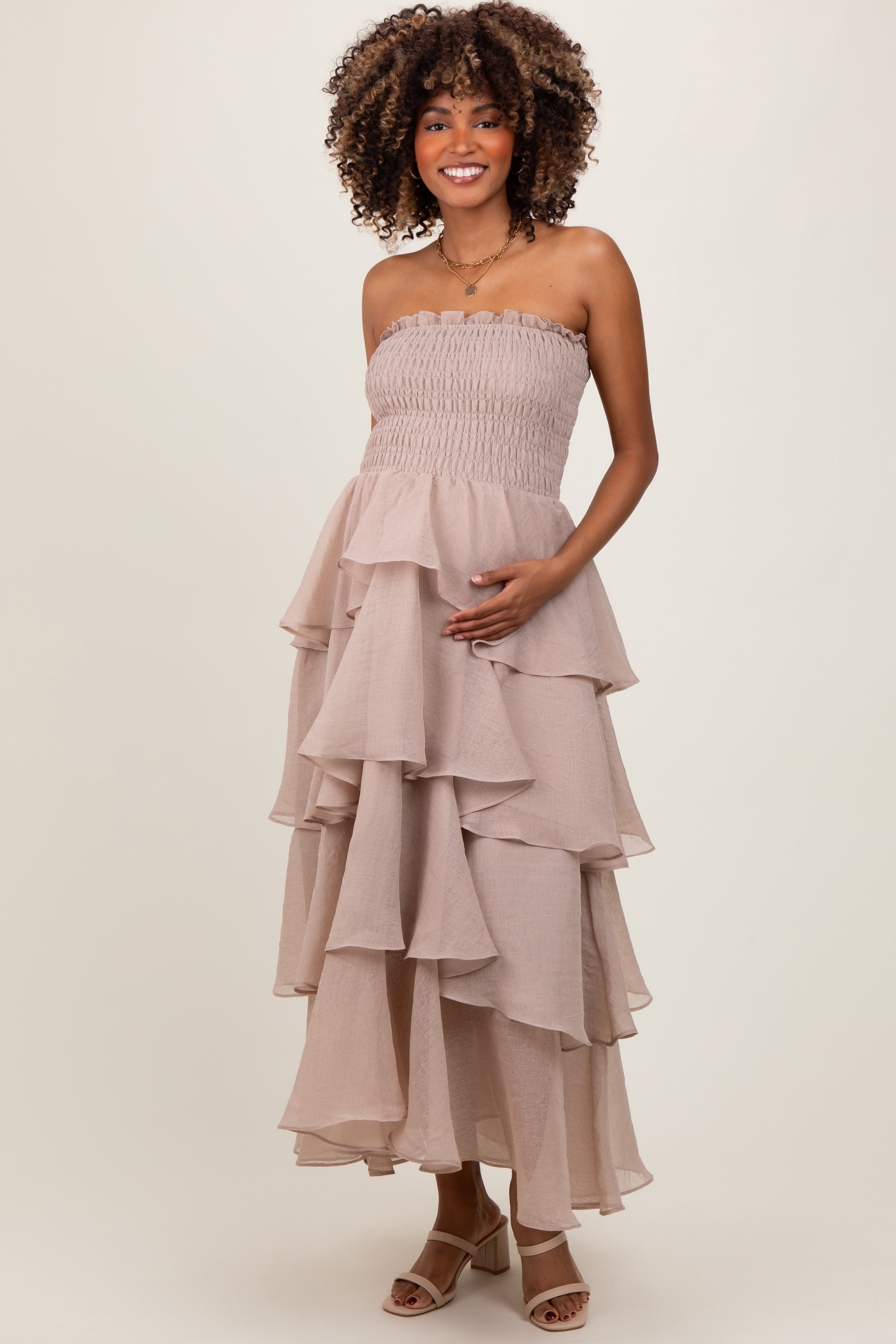 PinkBlush Beige Layered Maternity Maxi Dress - Main Product Image