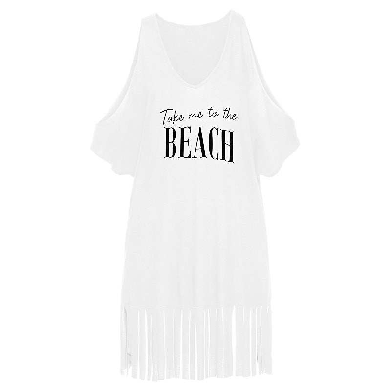 Cotton Tassel off-Shoulder Printing Loose Beach Bikini Swimsuit Blouse Coat Sun Protection Cover Bella Mia