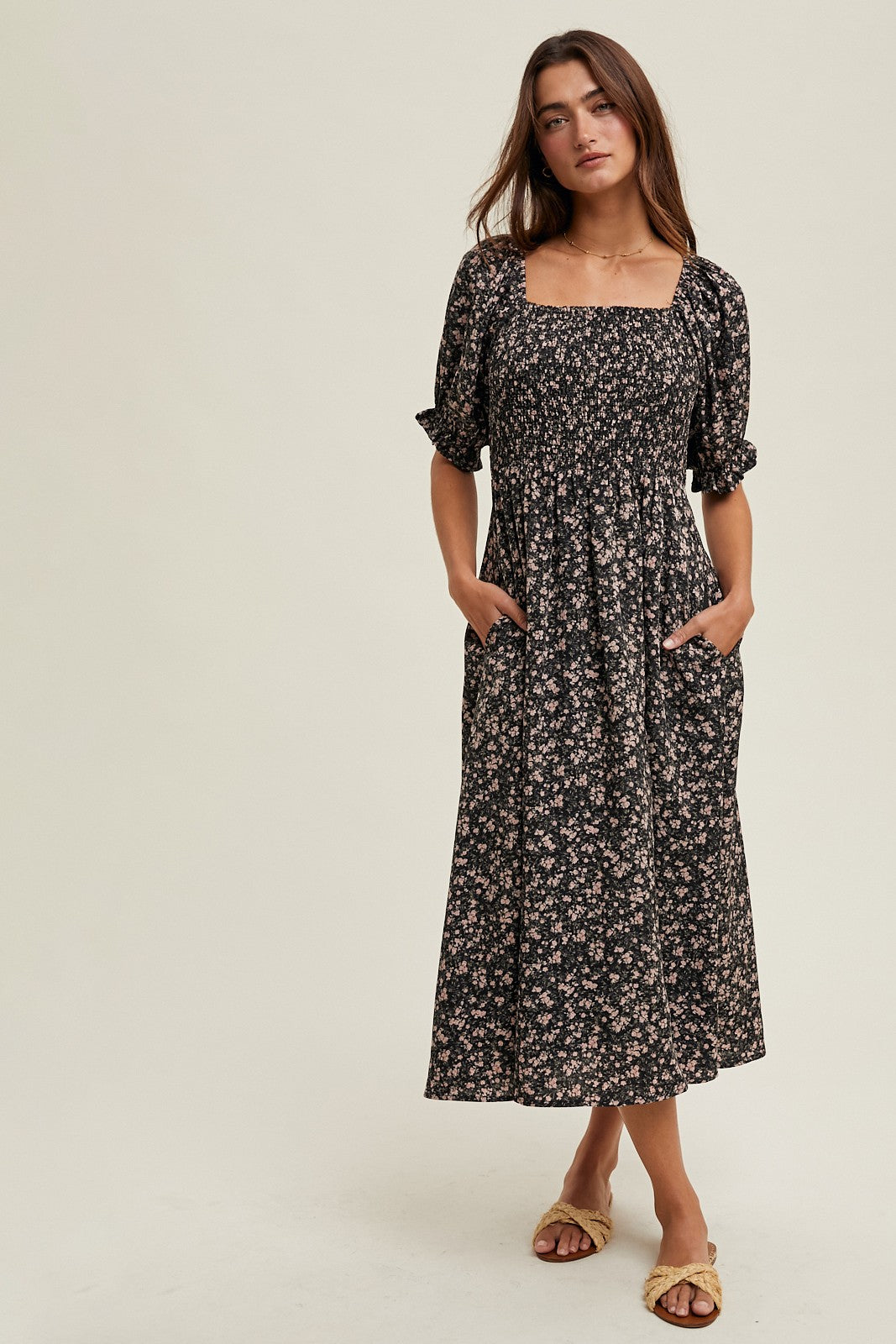 PinkBlush Black Floral Smocked Puff Sleeve Maternity Midi Dress - Detail View