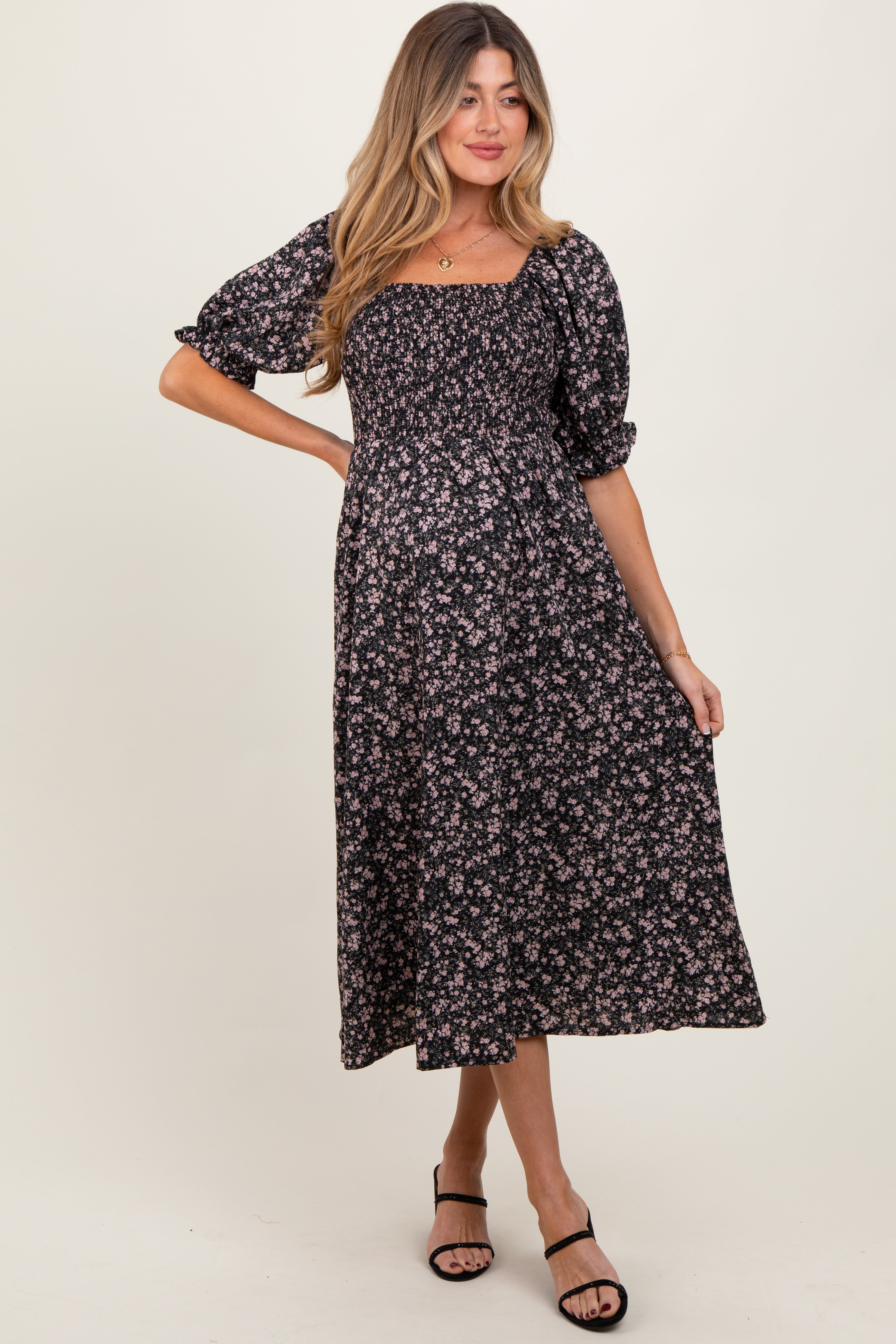 PinkBlush Black Floral Smocked Puff Sleeve Maternity Midi Dress - Main Product Image