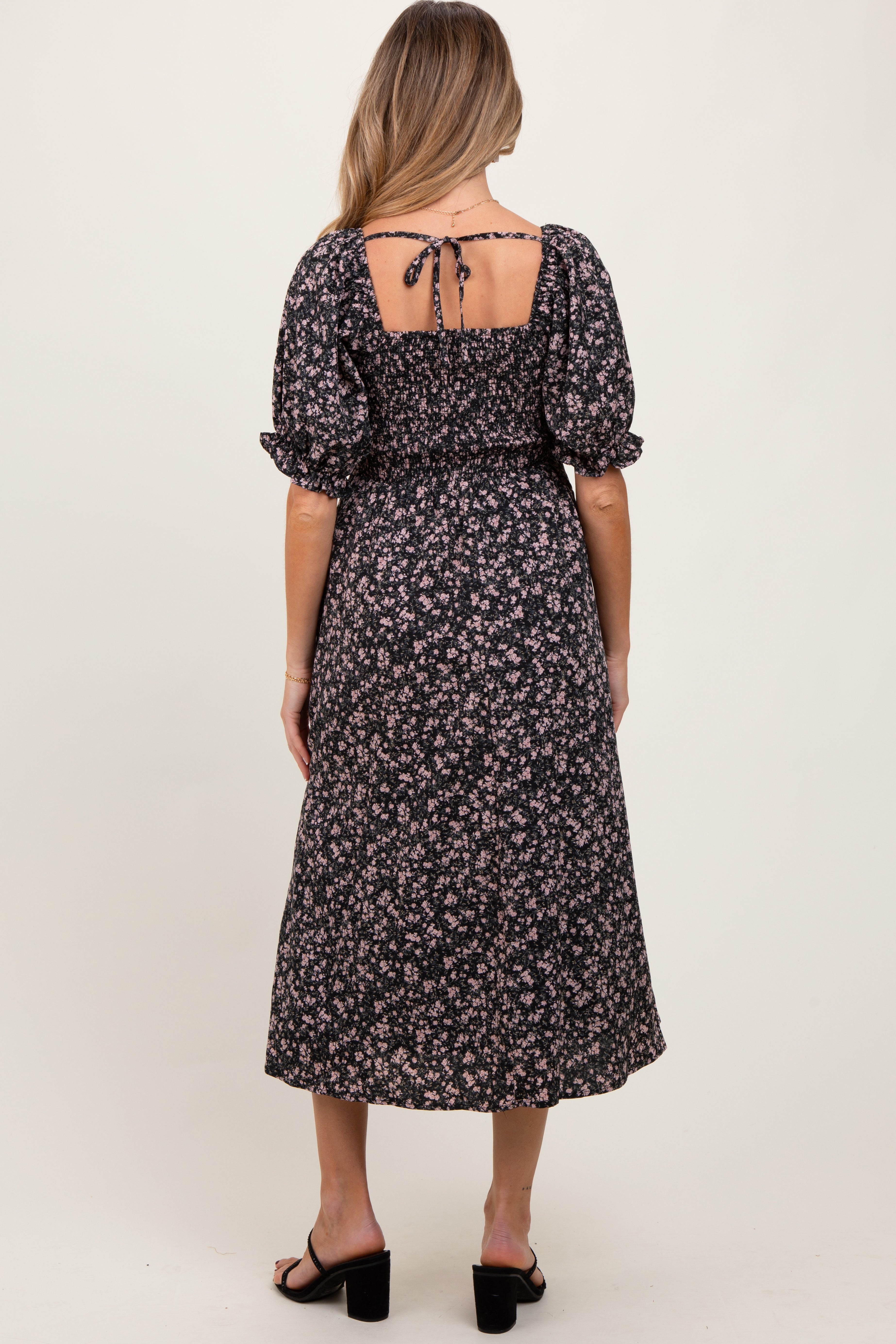 PinkBlush Black Floral Smocked Puff Sleeve Maternity Midi Dress - Alternate Angle