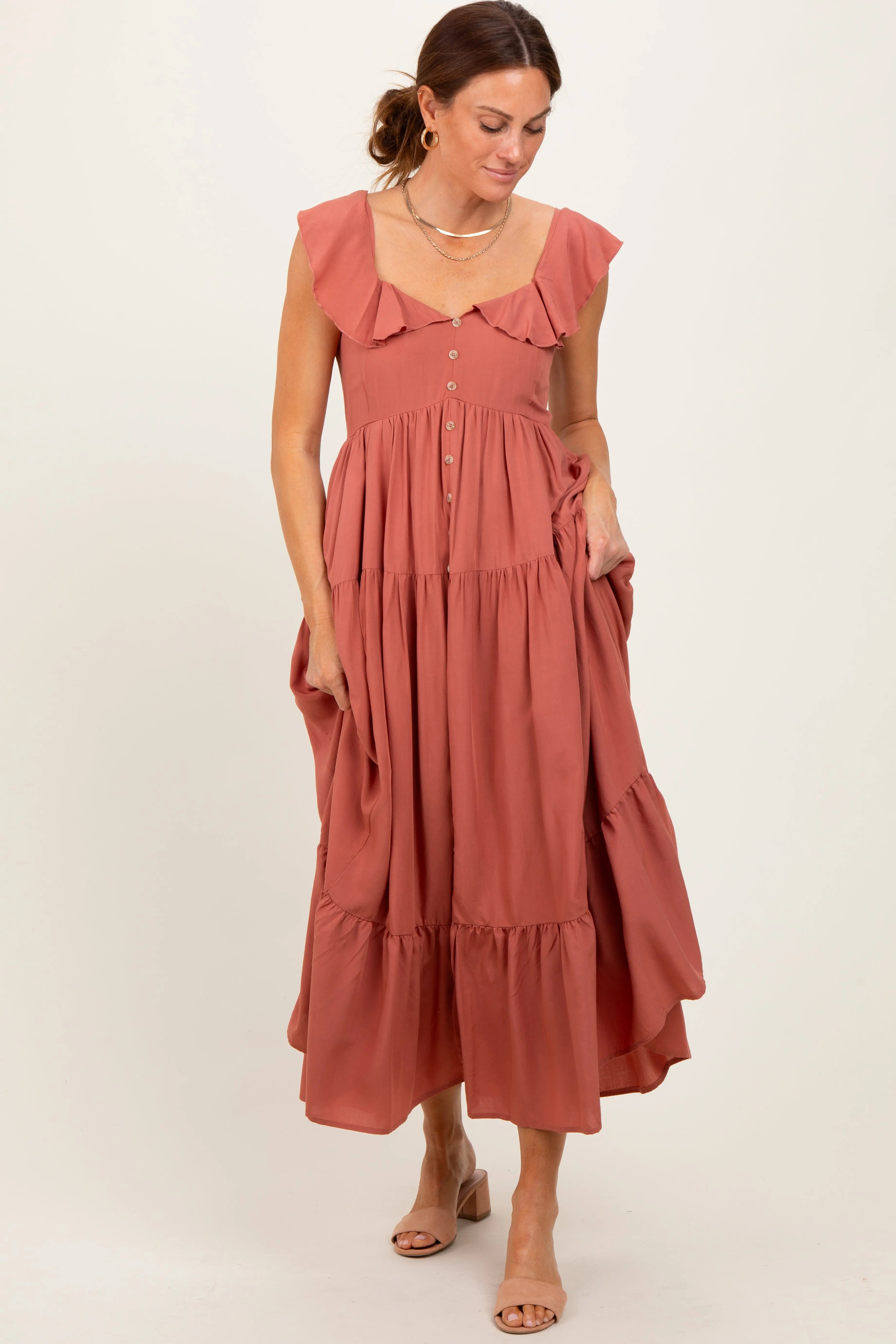 Rust Button Front Ruffle Square Neck Midi Dress PinkBlush