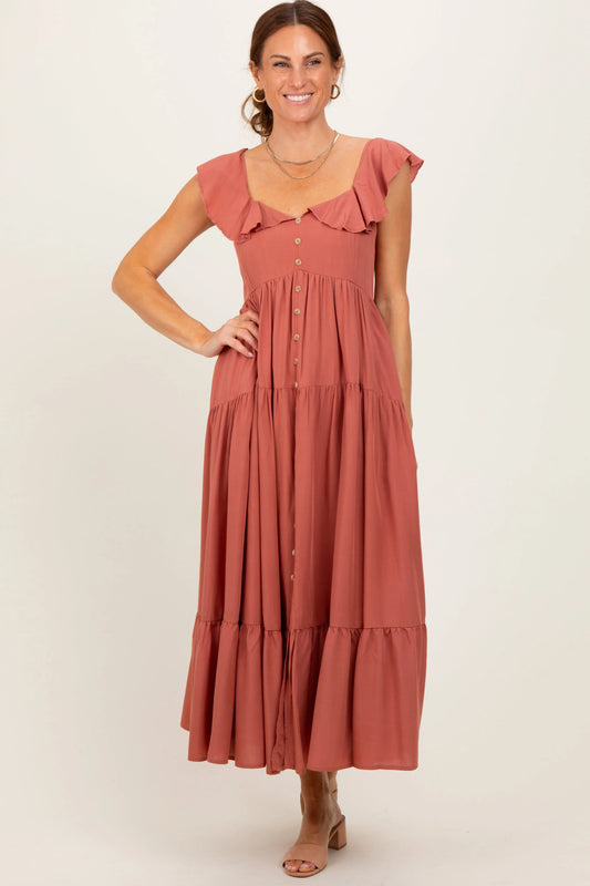 Rust Button Front Ruffle Square Neck Midi Dress PinkBlush